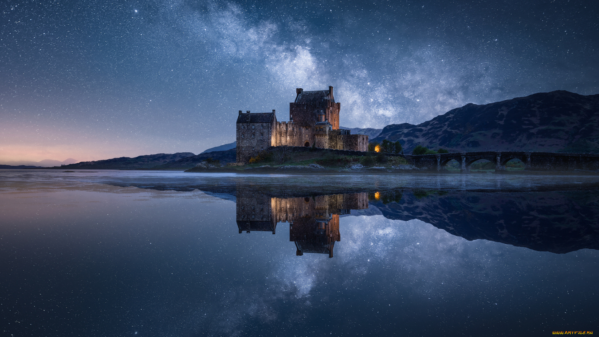 города, замок, эйлен-донан, , шотландия, eilean, donan, castle, замок, ночь, звездное, небо