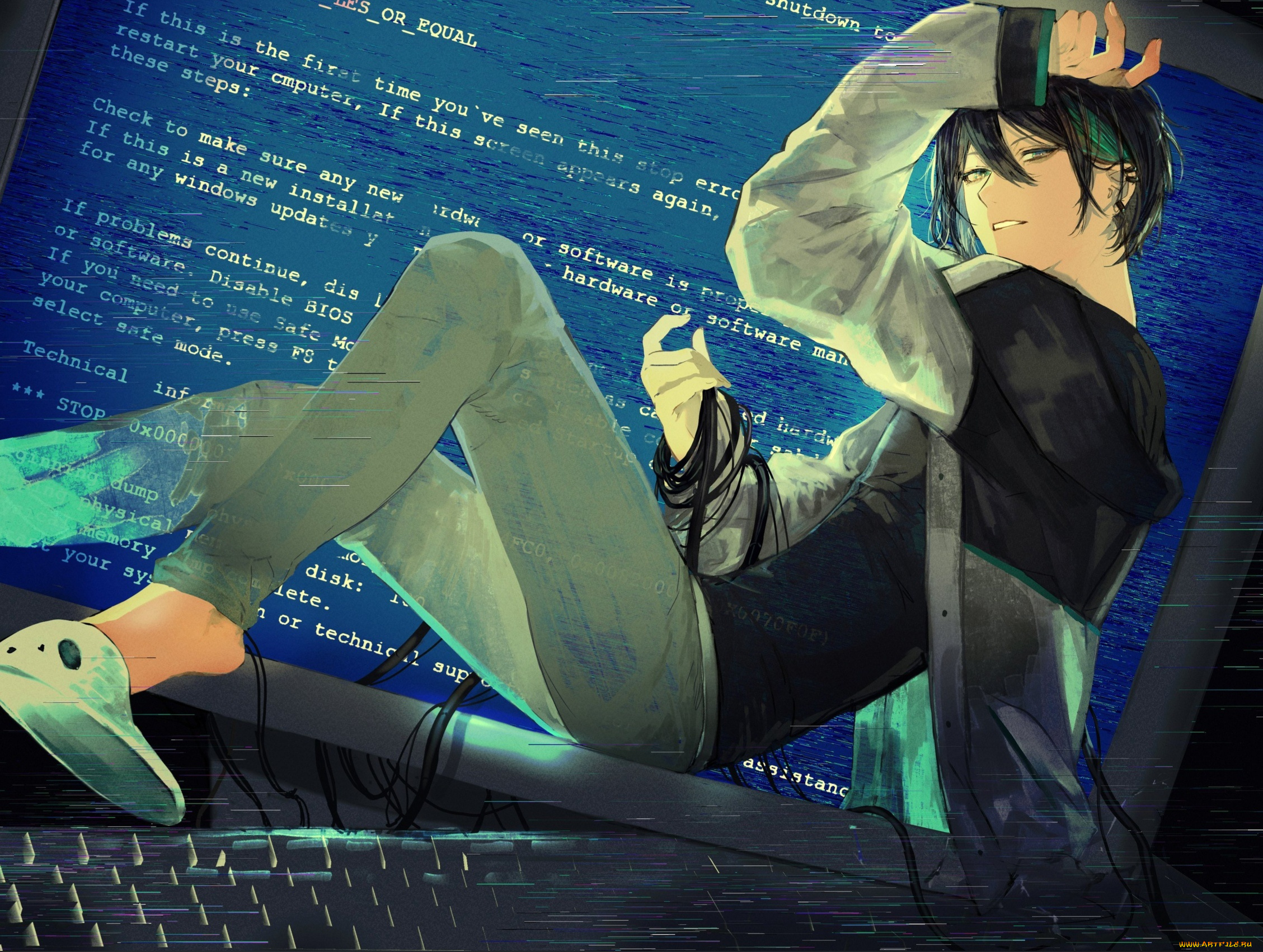 аниме, оружие, , техника, , технологии, парень, экран, монитор