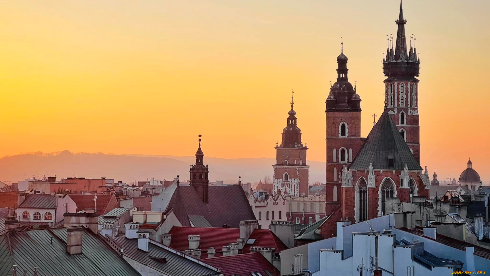 города, краков, , польша, панорама