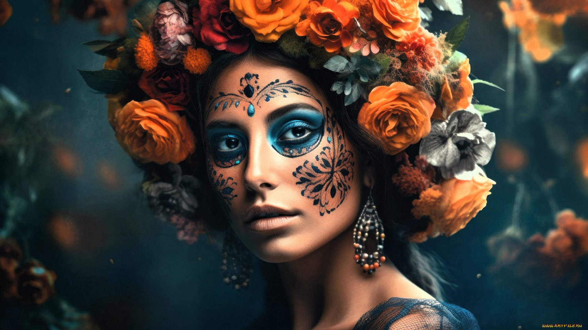 рисованное, люди, девушка, венок, лицо, бодиарт