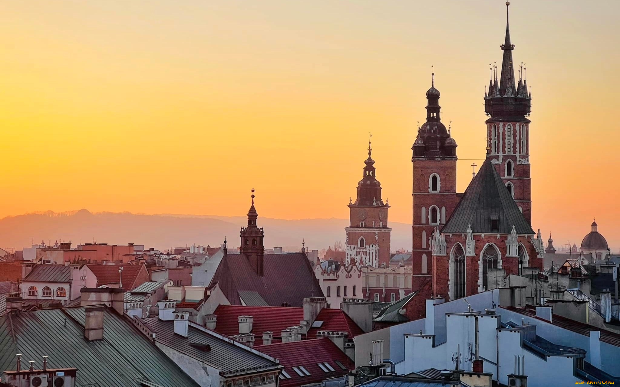 города, краков, , польша, панорама