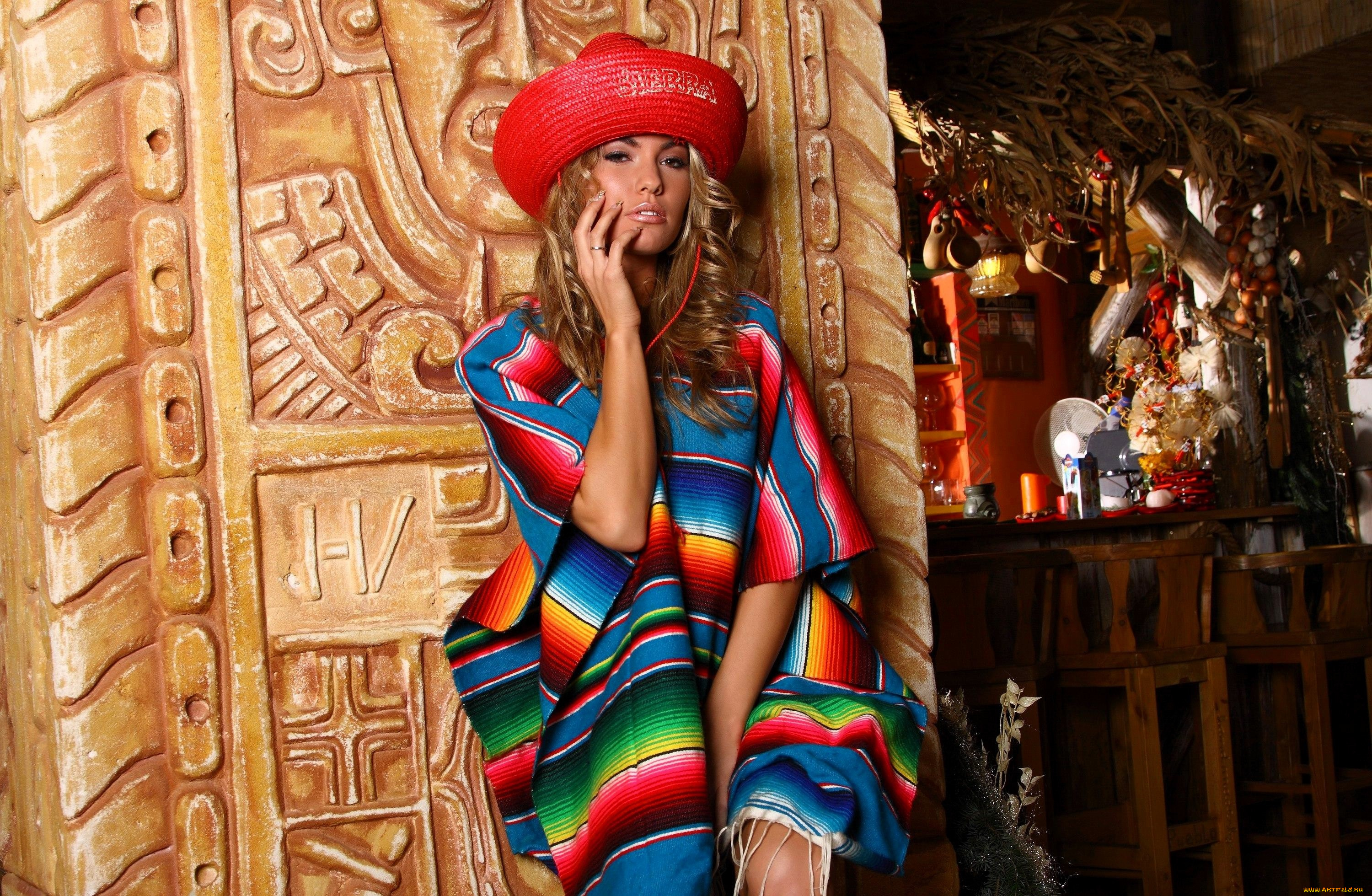 девушки, veronika, fasterova, блондинка, шляпа, пончо