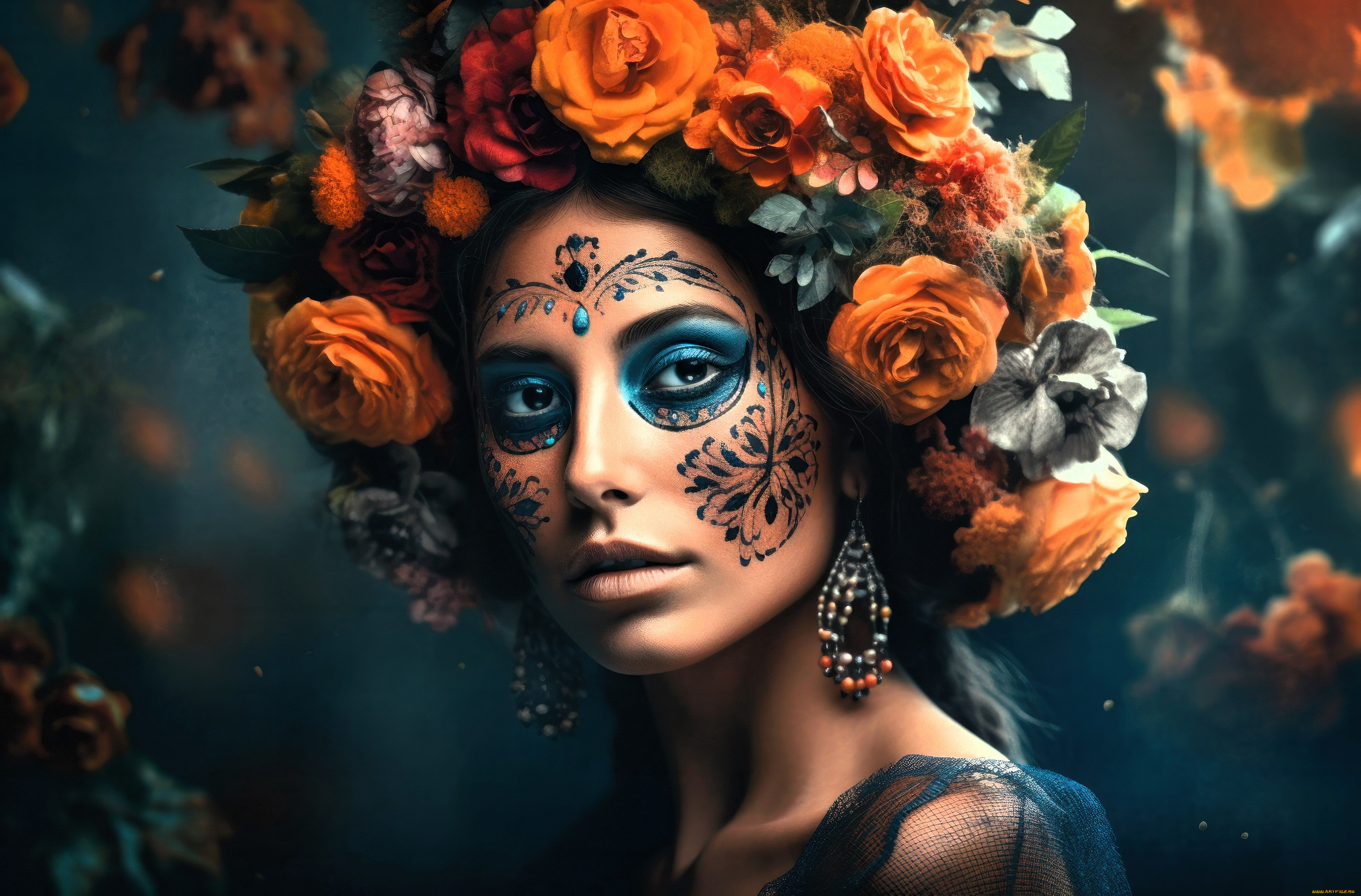 рисованное, люди, девушка, венок, лицо, бодиарт