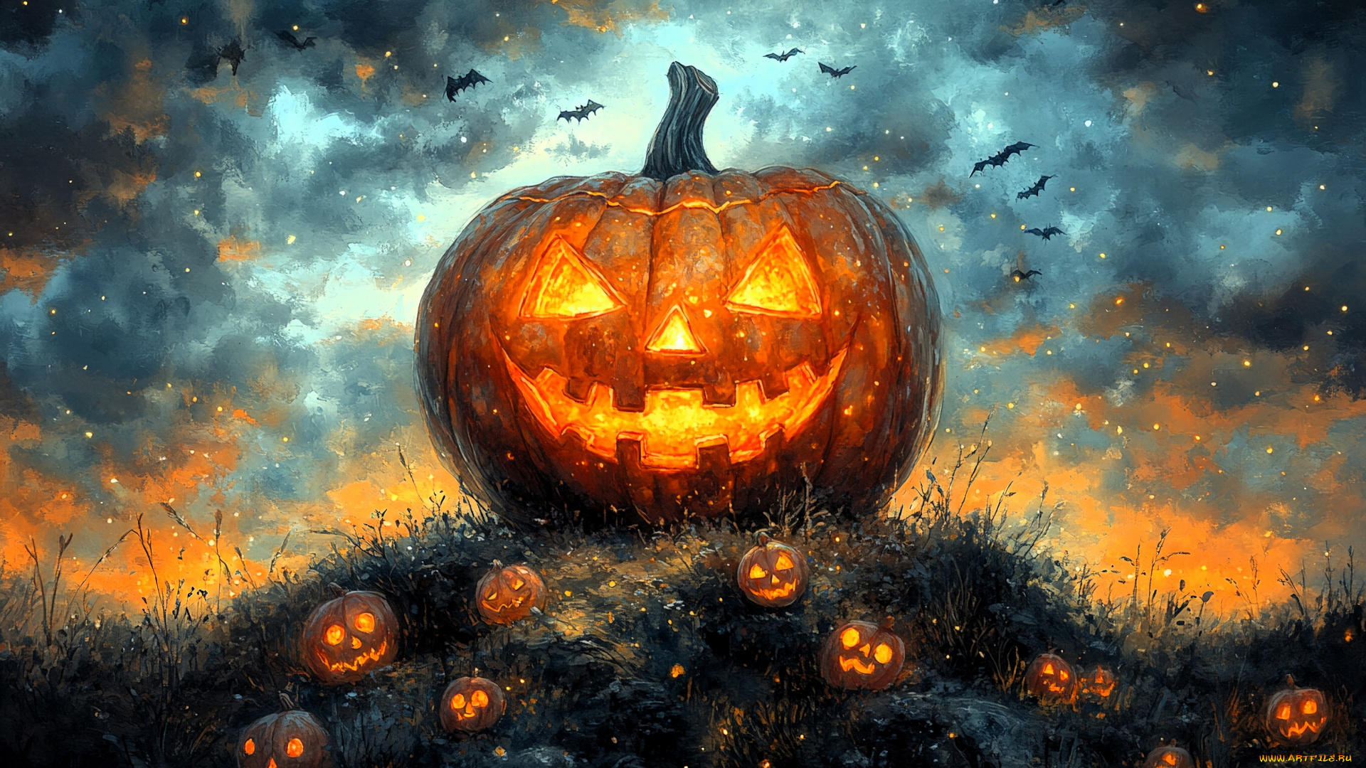 рисованное, праздники, тыквы, летучие, мыши, холм, тучи, хэллоуин