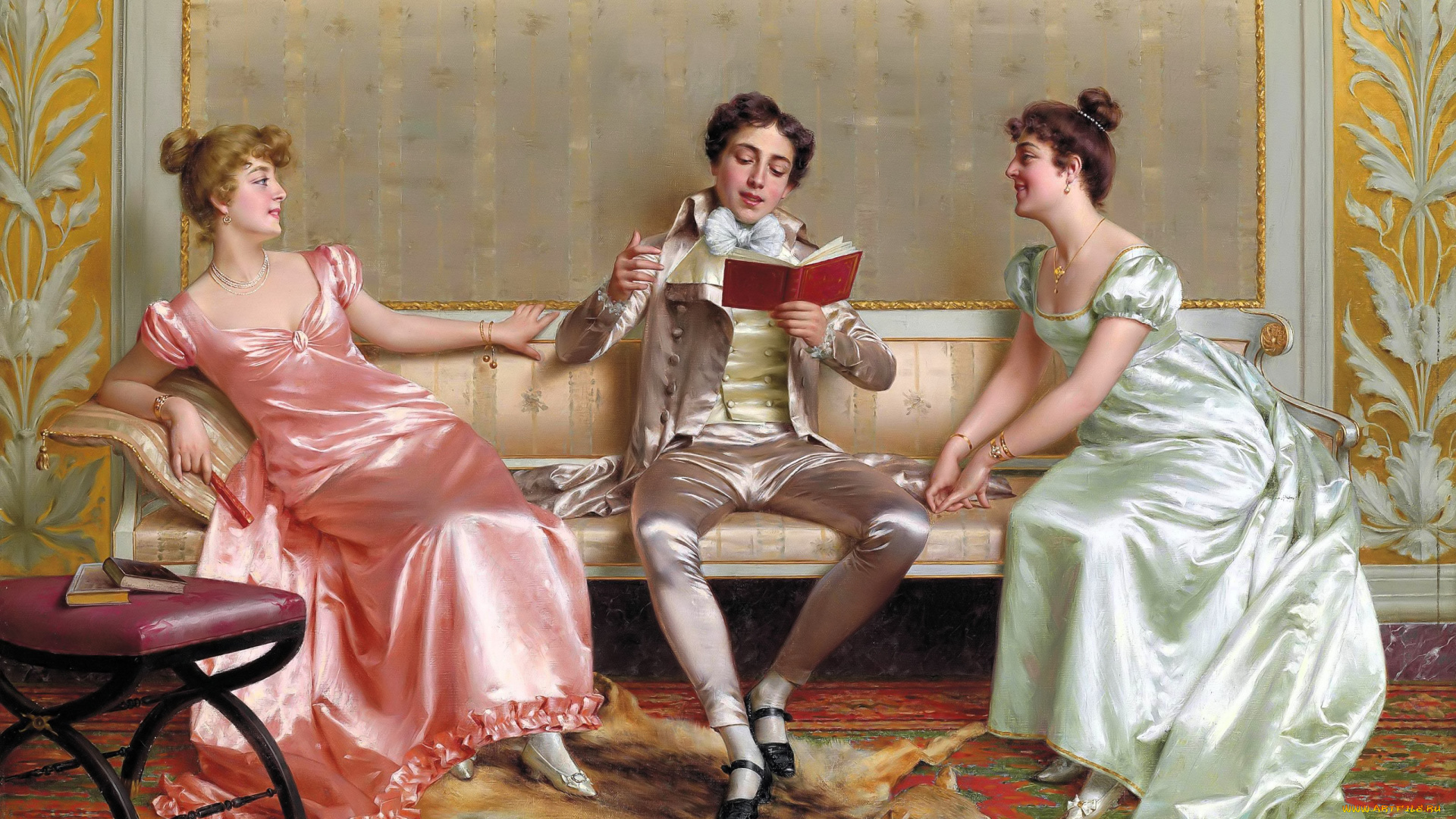 рисованное, vittorio, reggianini, дамы, господин, диван, книга, шкура, ковер