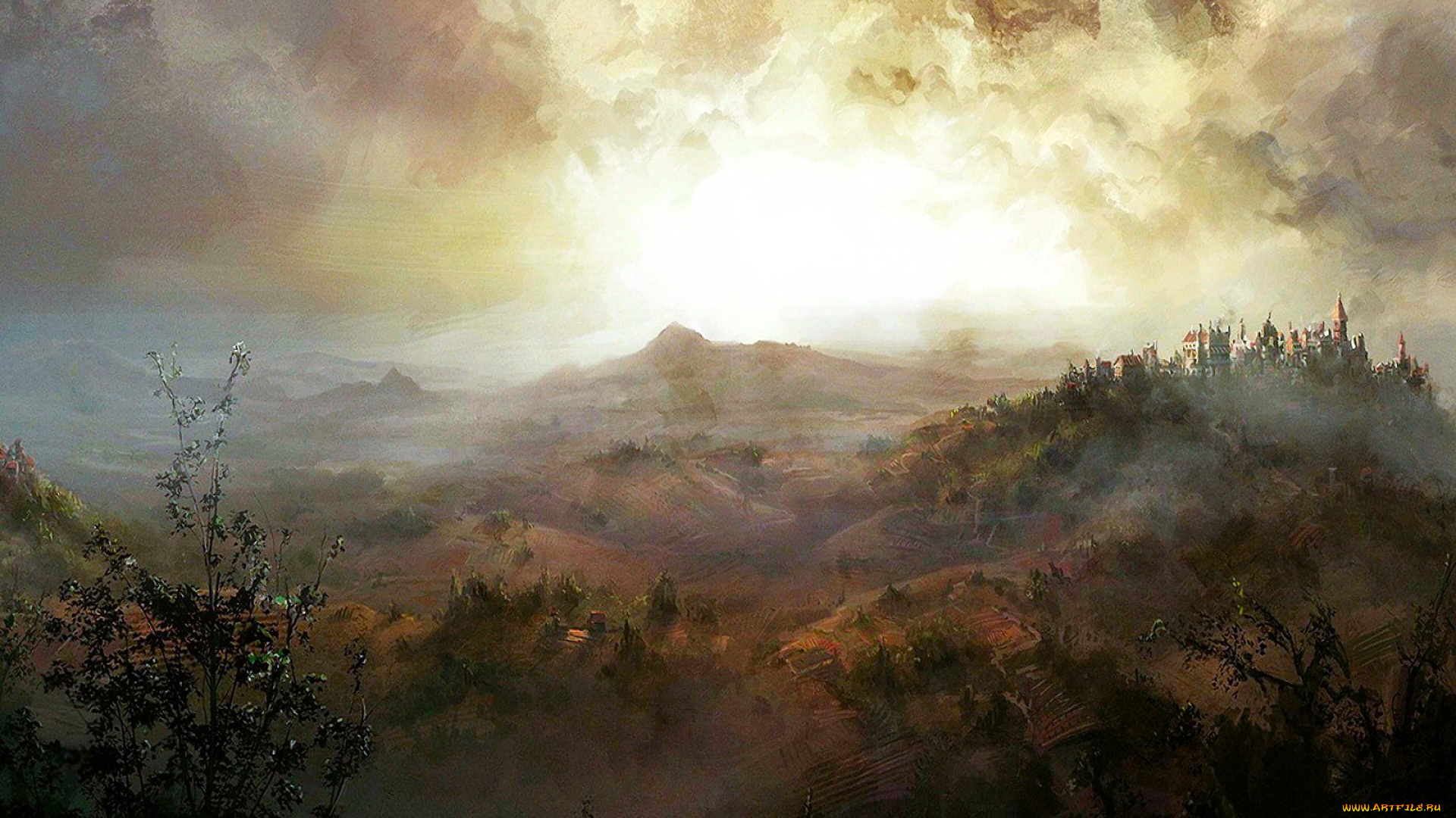 рисованное, живопись, природа, тучи, горы, деревья, осень