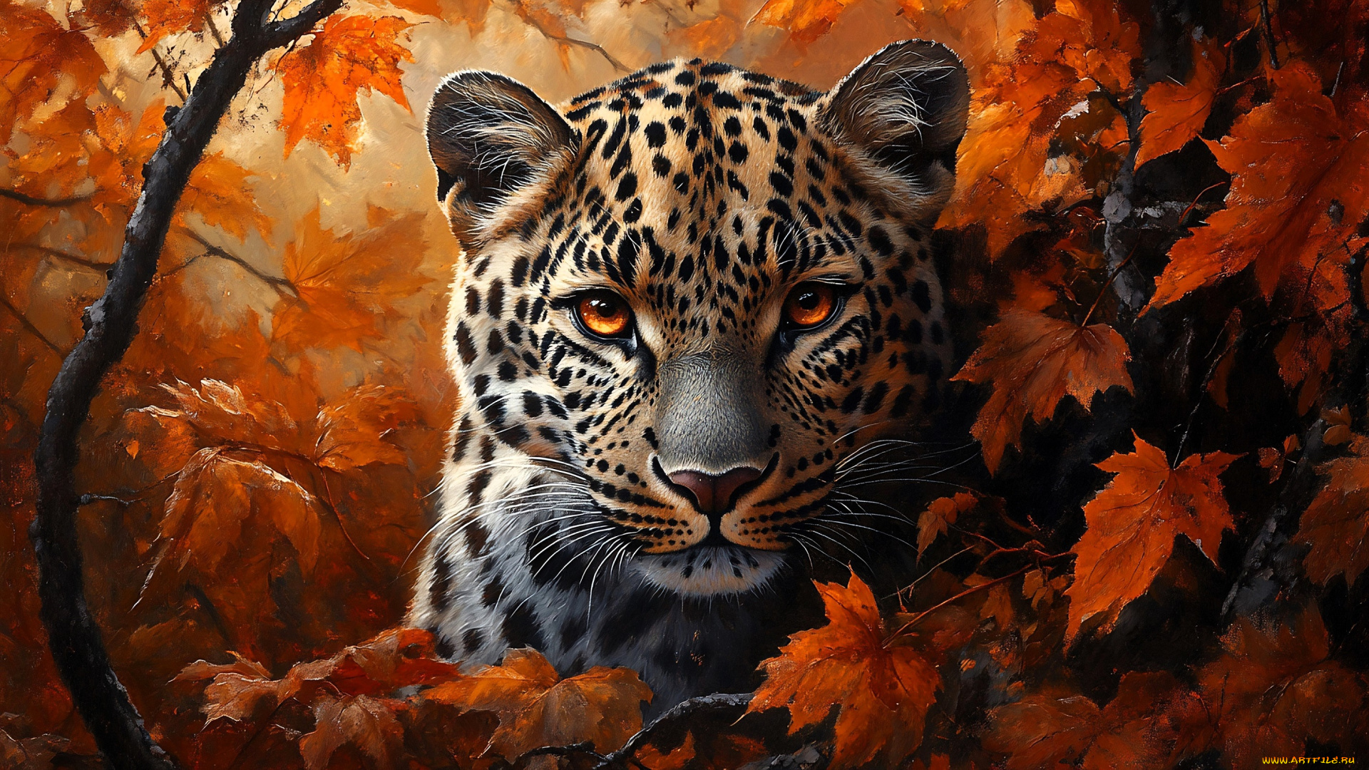 рисованное, животные, , ягуары, , леопарды, леопард, голова, осень, листья, ветки