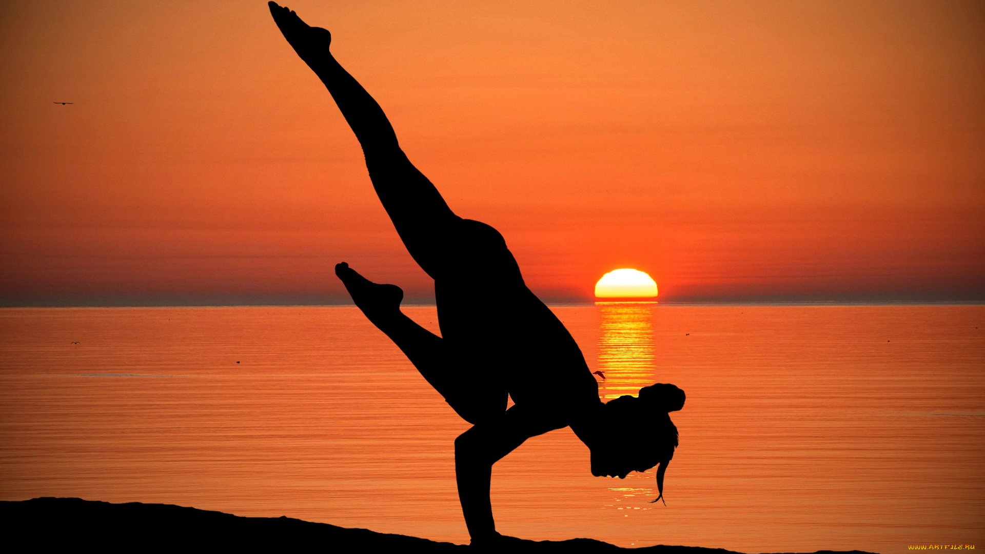 спорт, фитнес, девушка, силуэт, поза, йога, закат, море