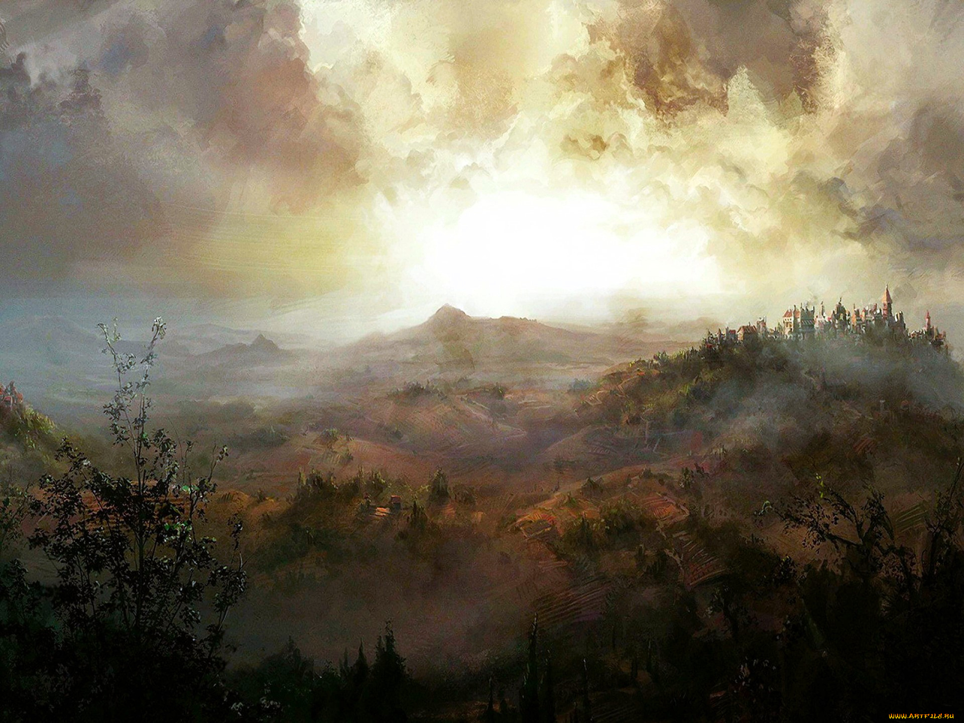 рисованное, живопись, природа, тучи, горы, деревья, осень