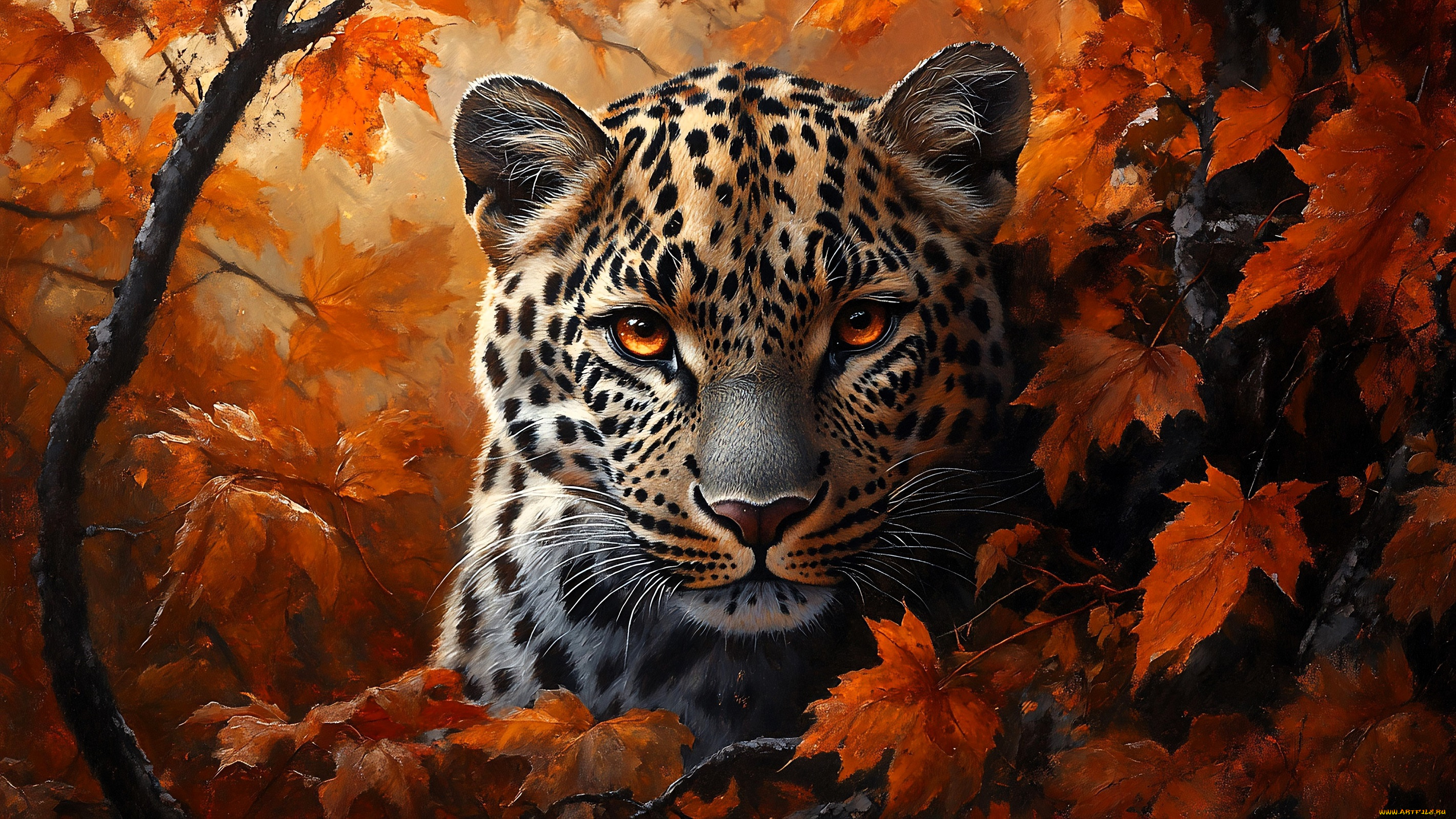 рисованное, животные, , ягуары, , леопарды, леопард, голова, осень, листья, ветки