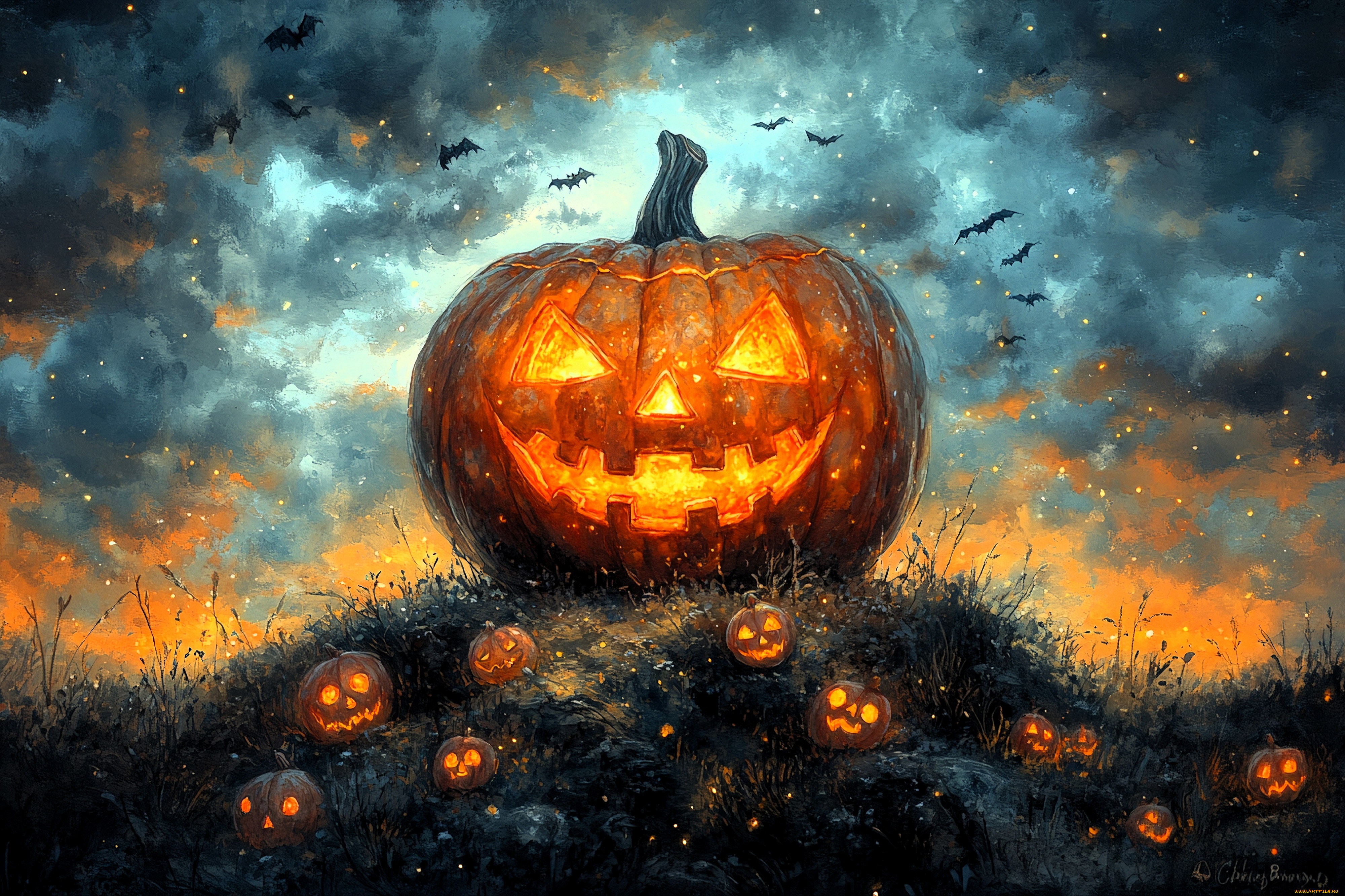 рисованное, праздники, тыквы, летучие, мыши, холм, тучи, хэллоуин