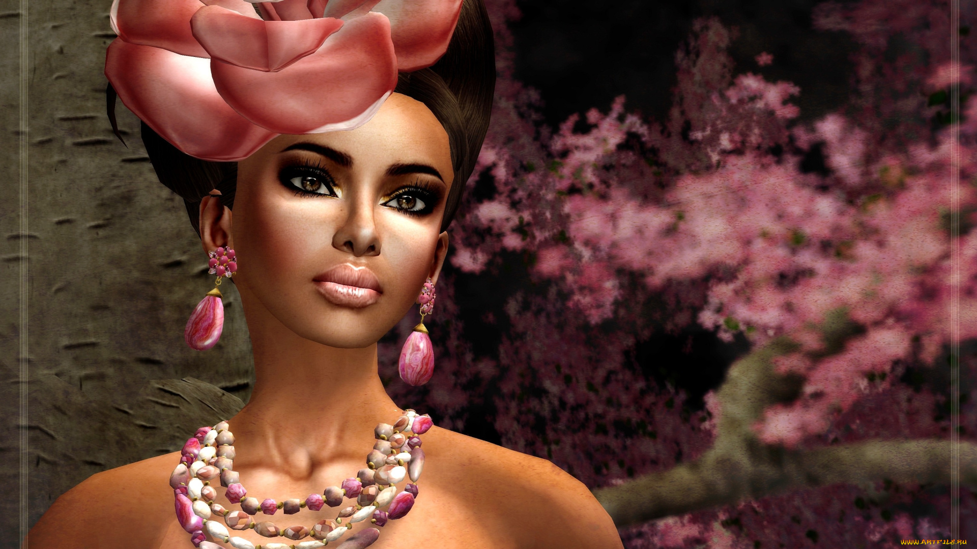 3д, графика, portraits, портрет, мулатка, цветок, бусы, серьги