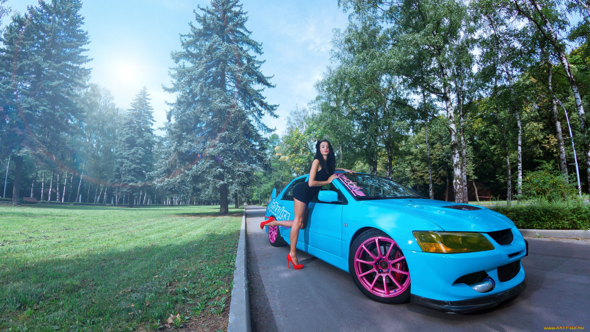 автомобили, авто, девушками, mitsubishi, дорога, деревья