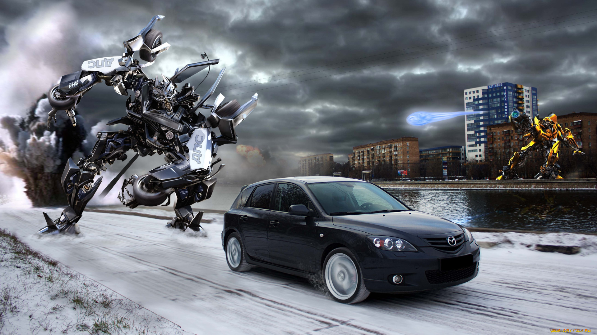 автомобили, mazda, погоня, город, 3, трансформеры, дпс