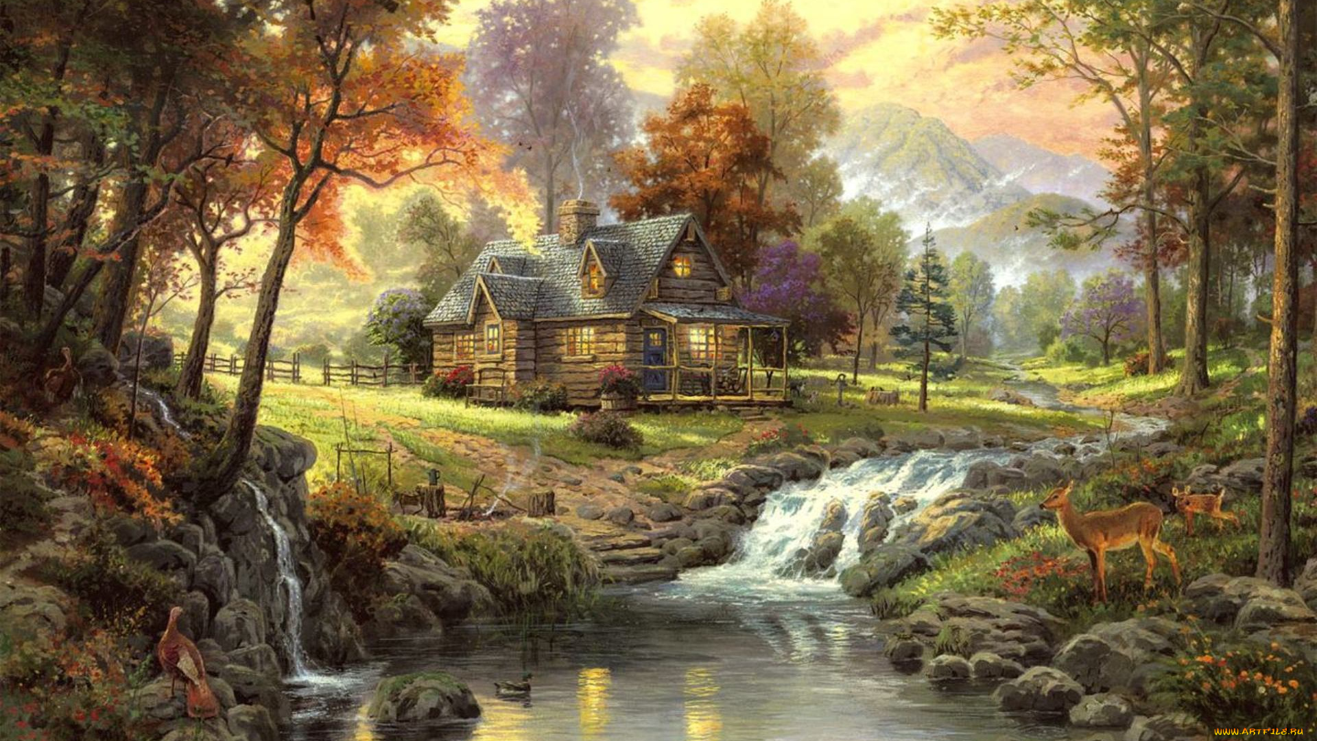 thomas, kinkade, рисованные, озеро, река, пейзаж, деревья, олени, дом, горы, утки
