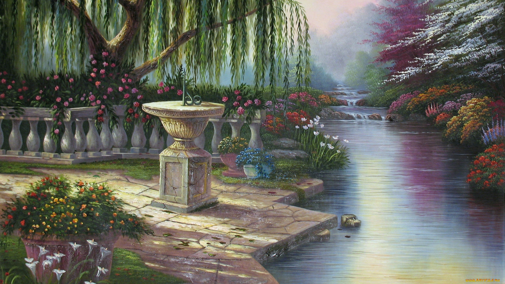 thomas, kinkade, рисованные, река, парк