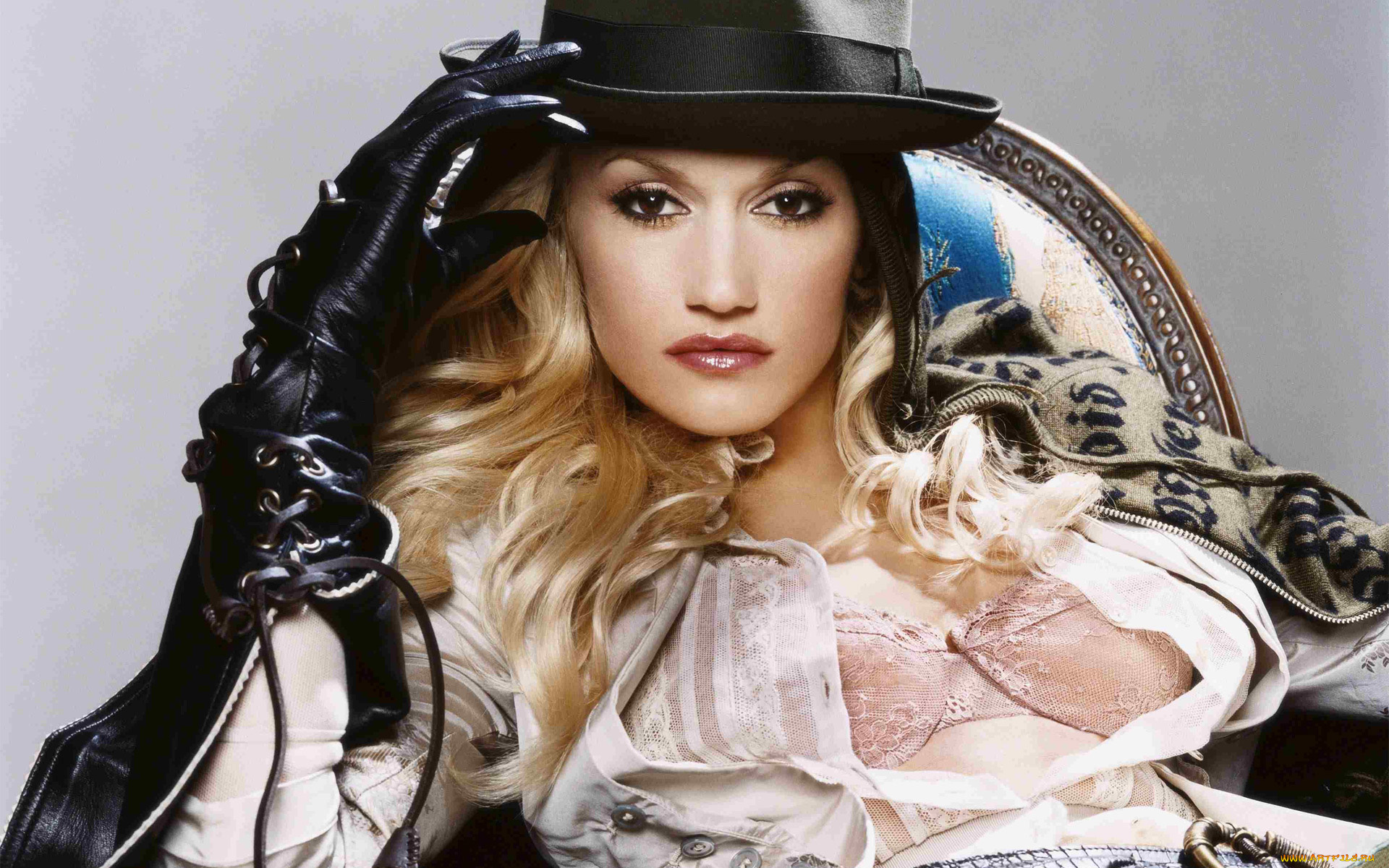 музыка, gwen, stefani, шляпа, расстегнутая, блузка, перчатки