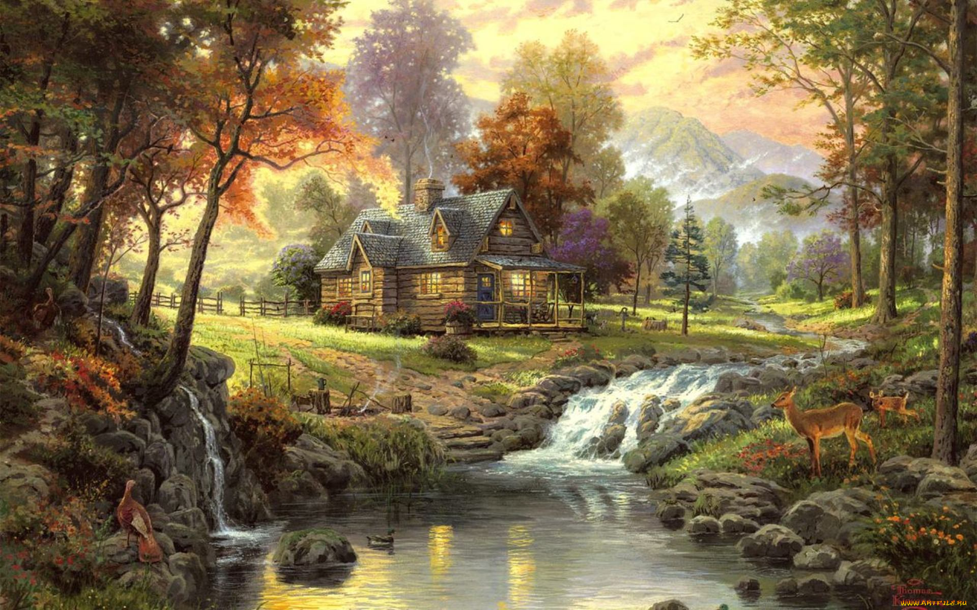 thomas, kinkade, рисованные, озеро, река, пейзаж, деревья, олени, дом, горы, утки