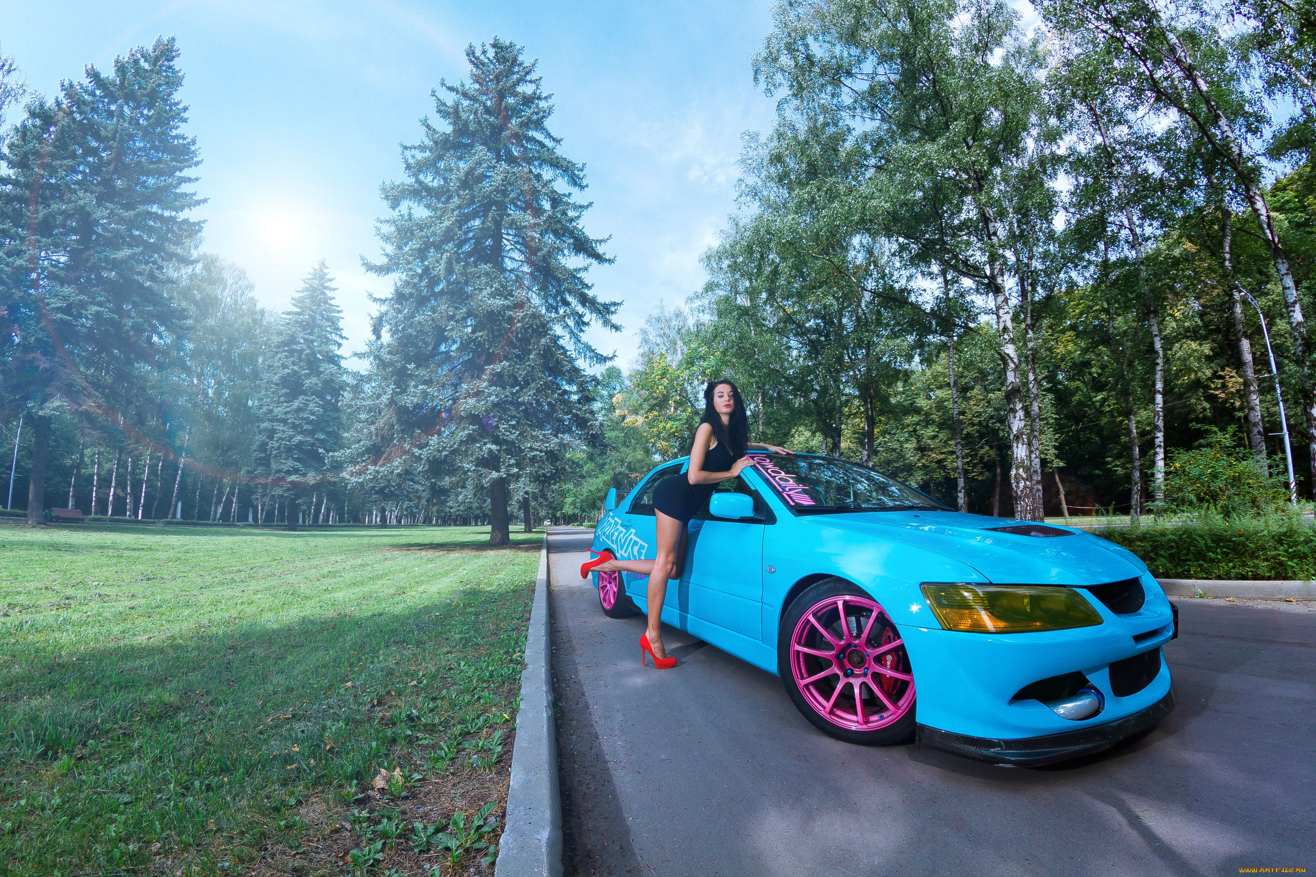 автомобили, авто, девушками, mitsubishi, дорога, деревья