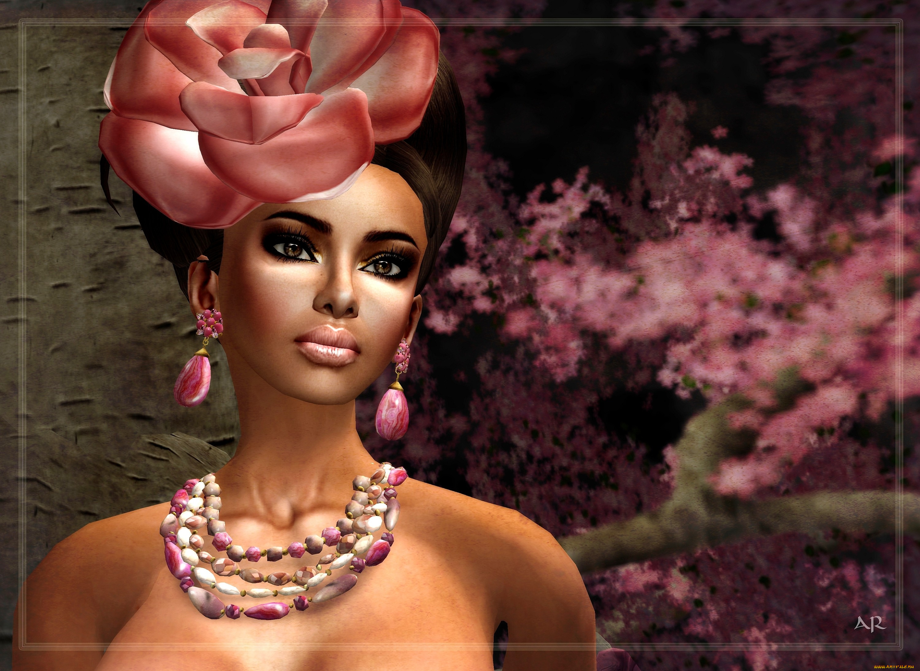 3д, графика, portraits, портрет, мулатка, цветок, бусы, серьги