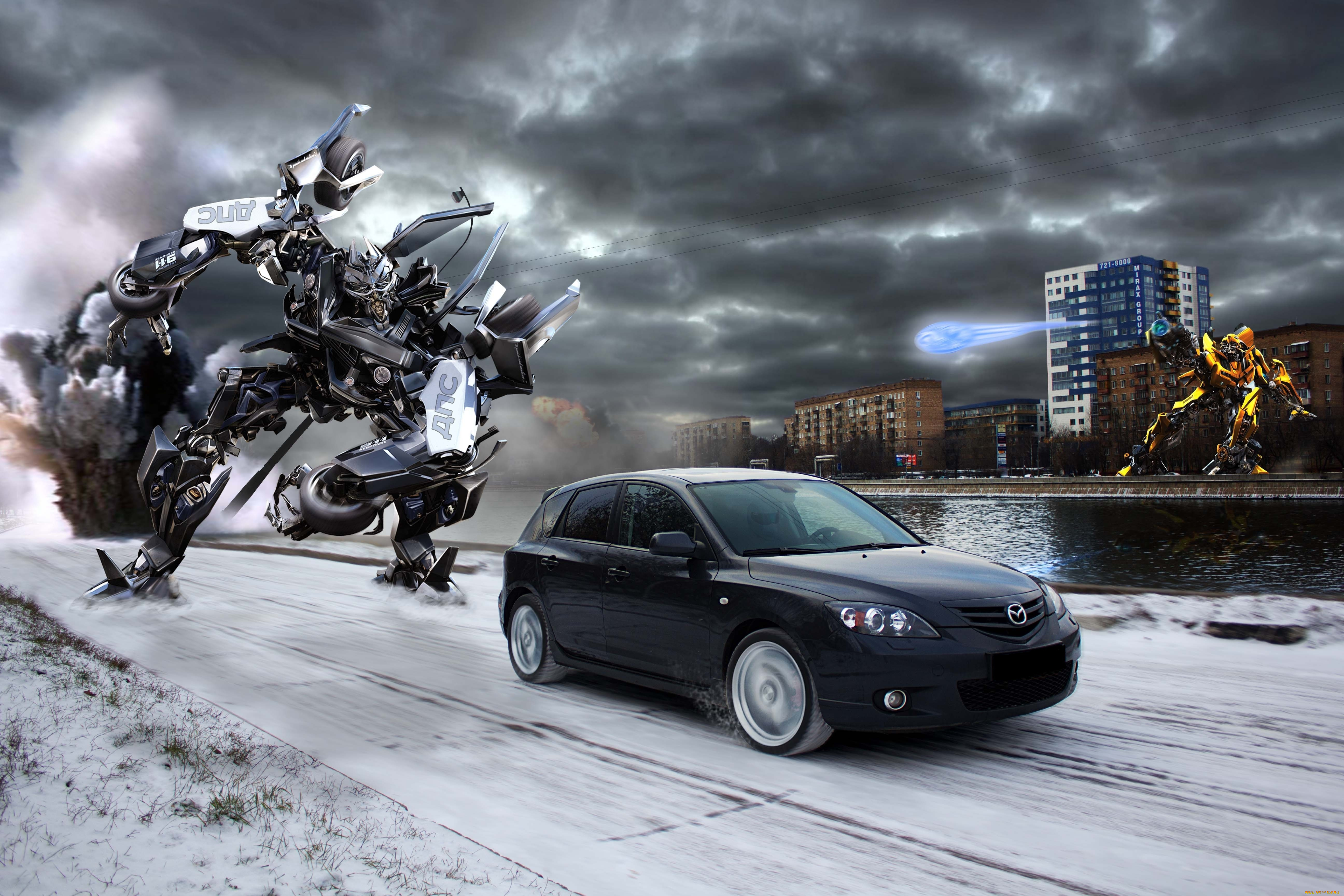 автомобили, mazda, погоня, город, 3, трансформеры, дпс