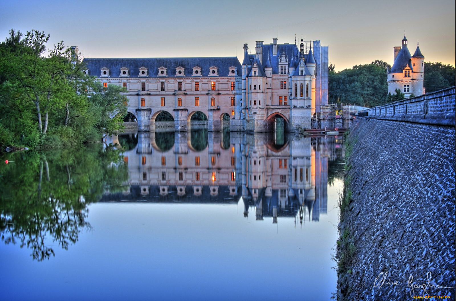 города, замки, луары, франция, замок, шенонсо, вода, закат