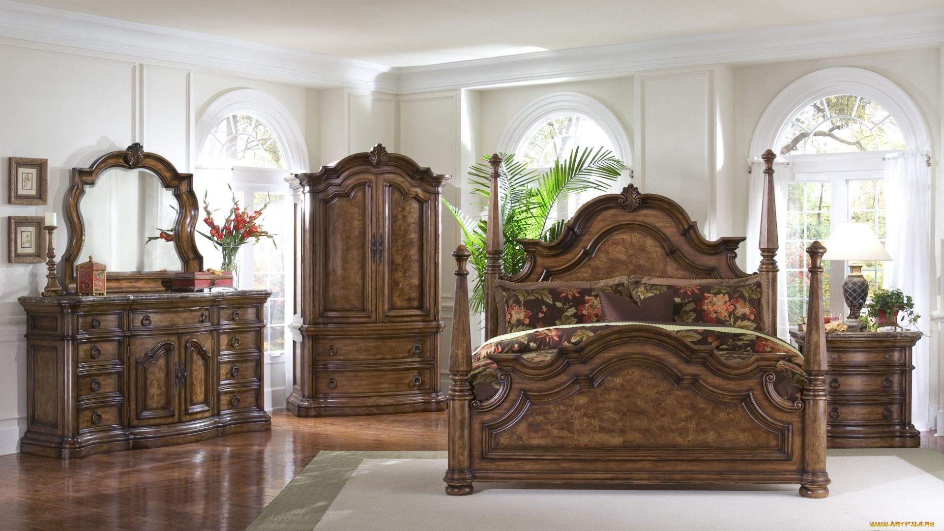 интерьер, спальня, тумбочка, кровать, подушки