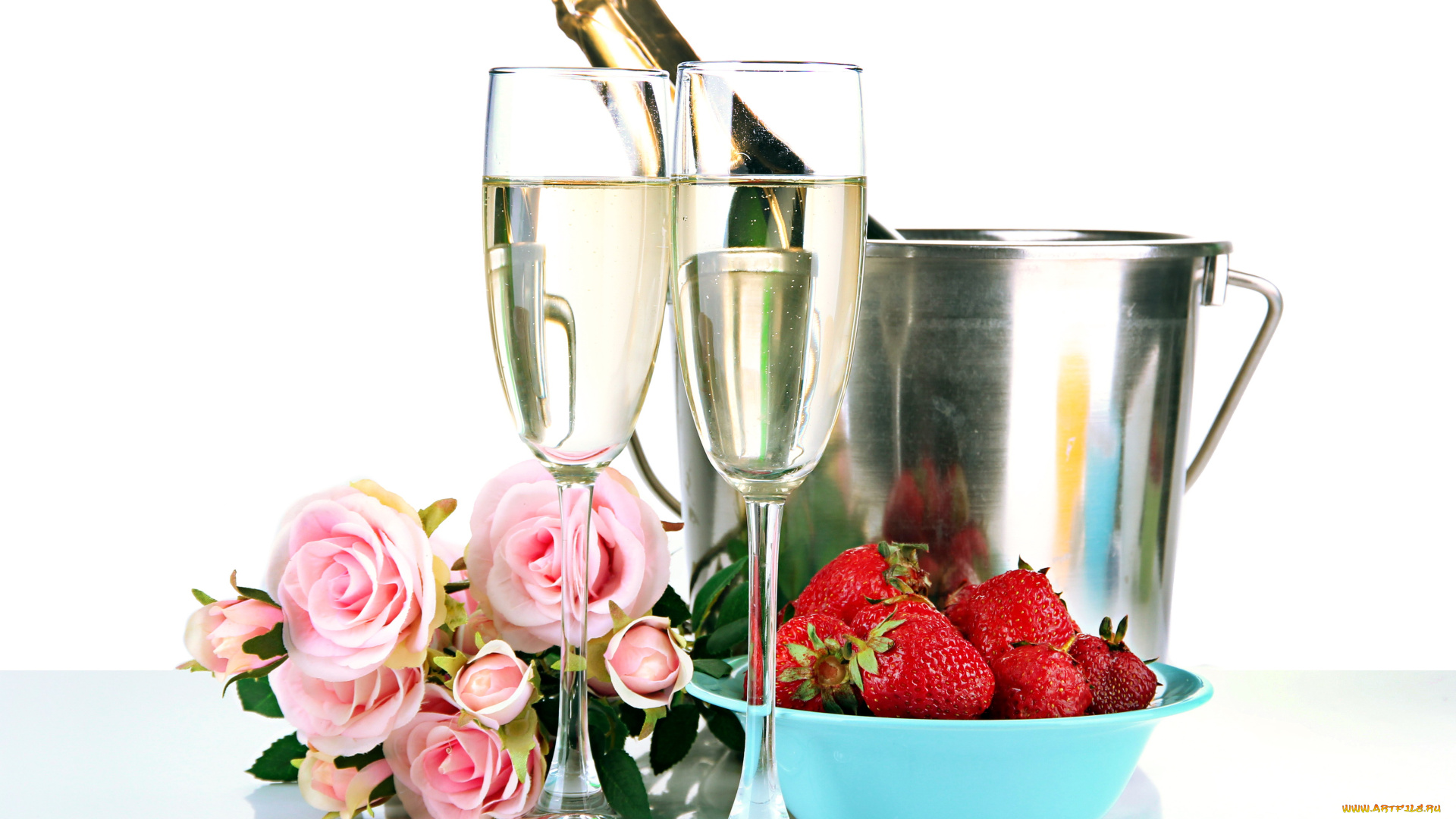 еда, разное, ведерко, бутылка, шампанское, клубника, розы