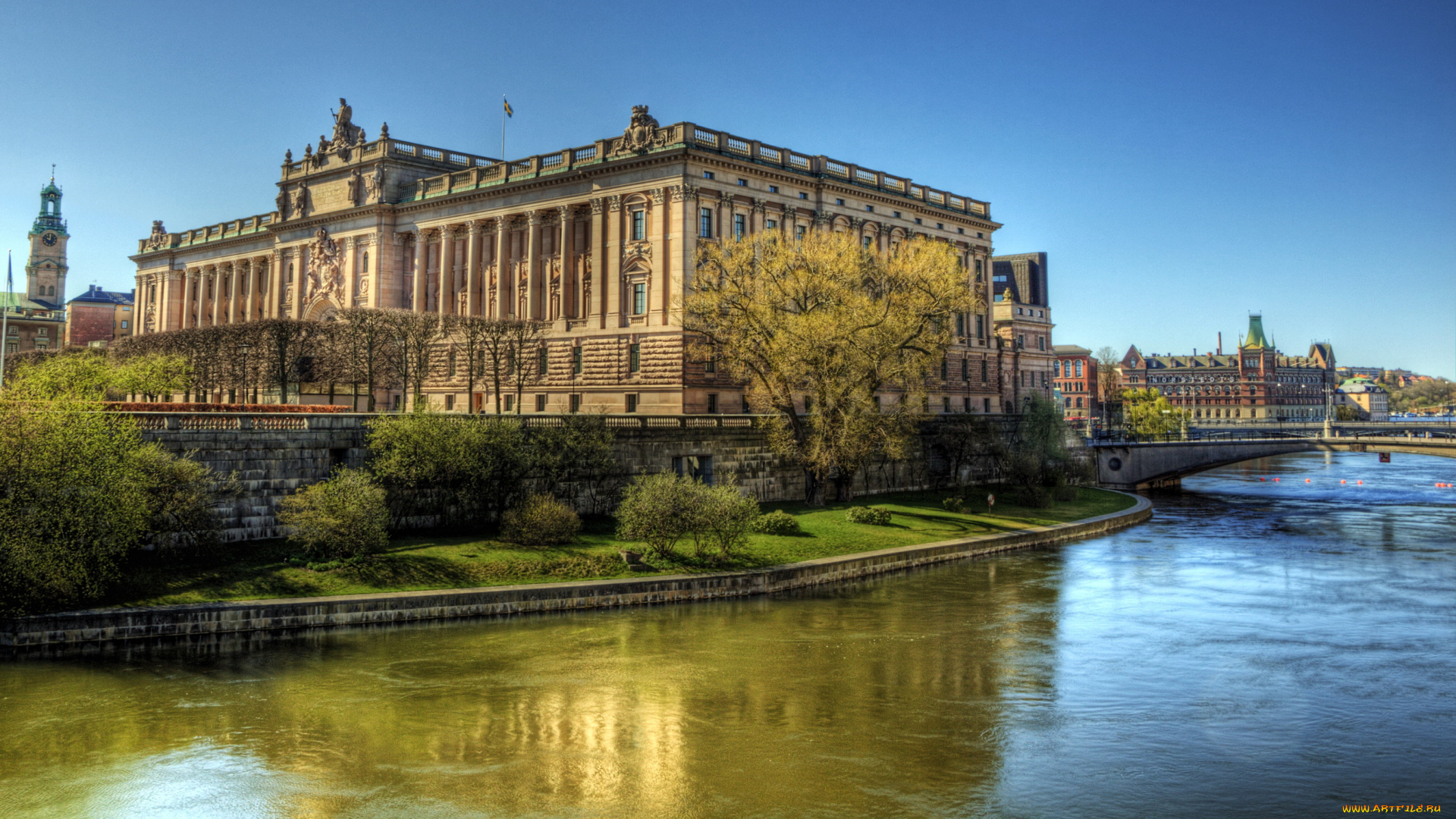 города, стокгольм, швеция, дома, ландшафт, мост, река