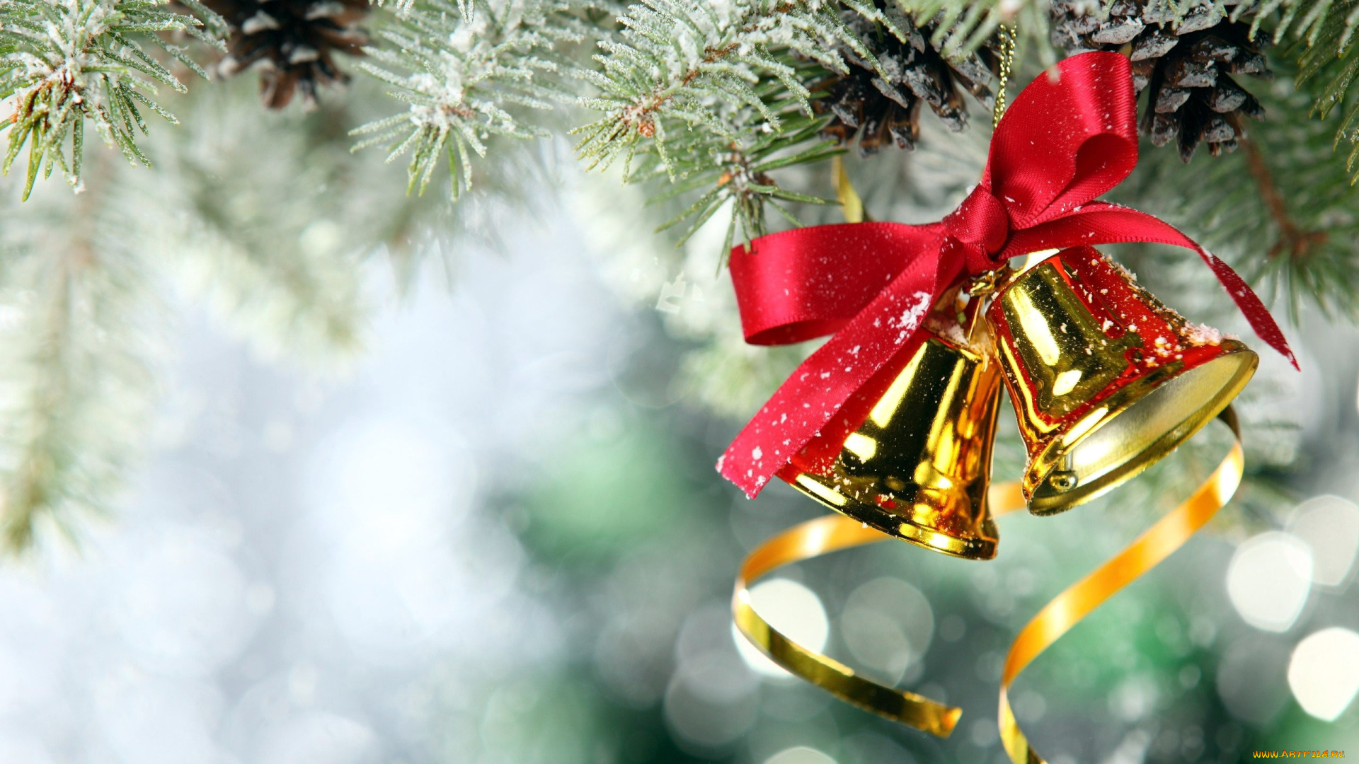 праздничные, колокольчики, серпантин, бант, снег, ветки, шишки, боке