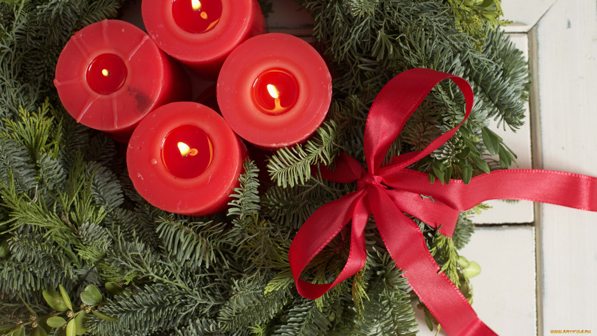праздничные, новогодние, свечи, красный, бант, еловый, венок, лента