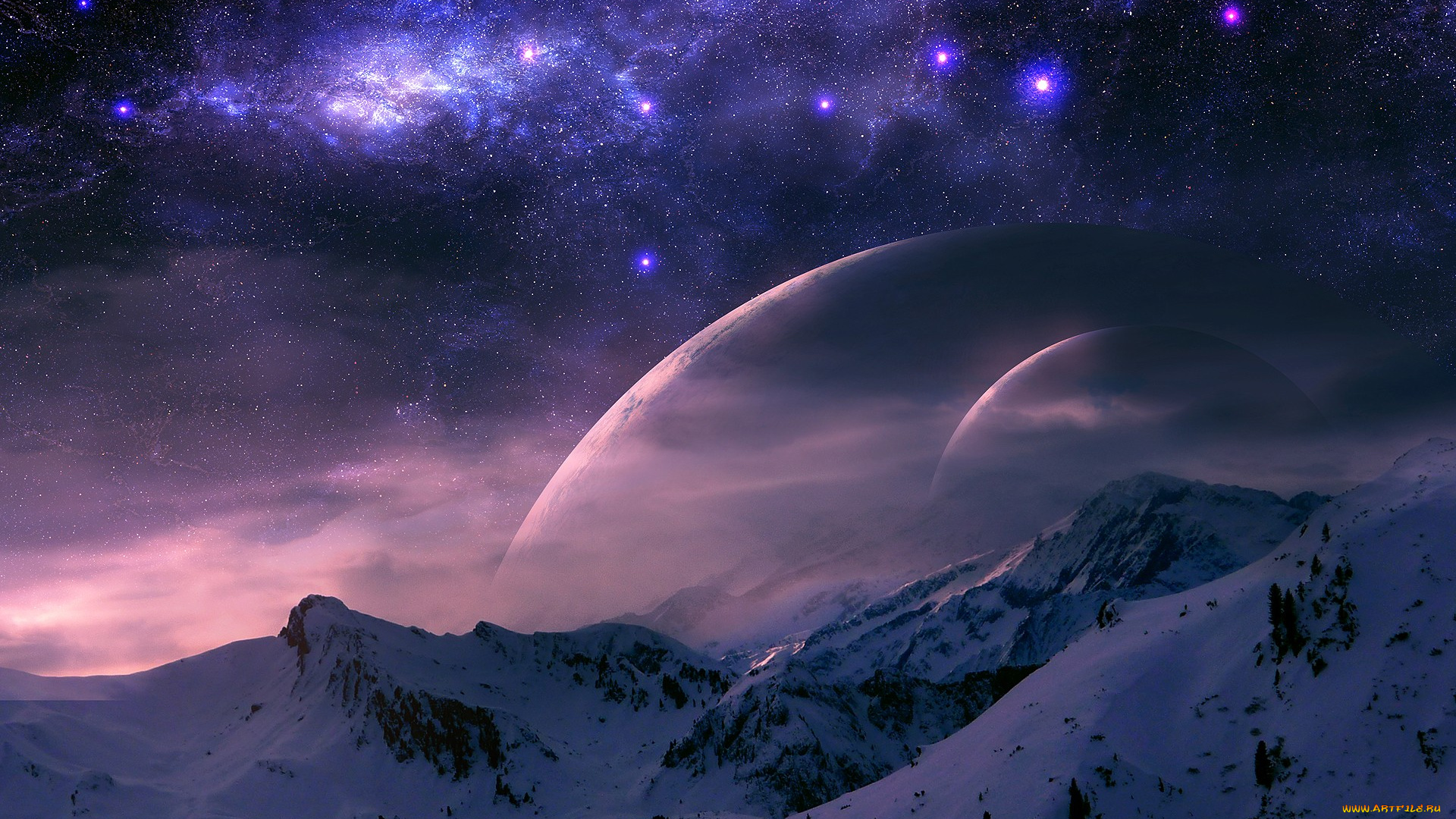 разное, компьютерный, дизайн, планеты, облака, горы