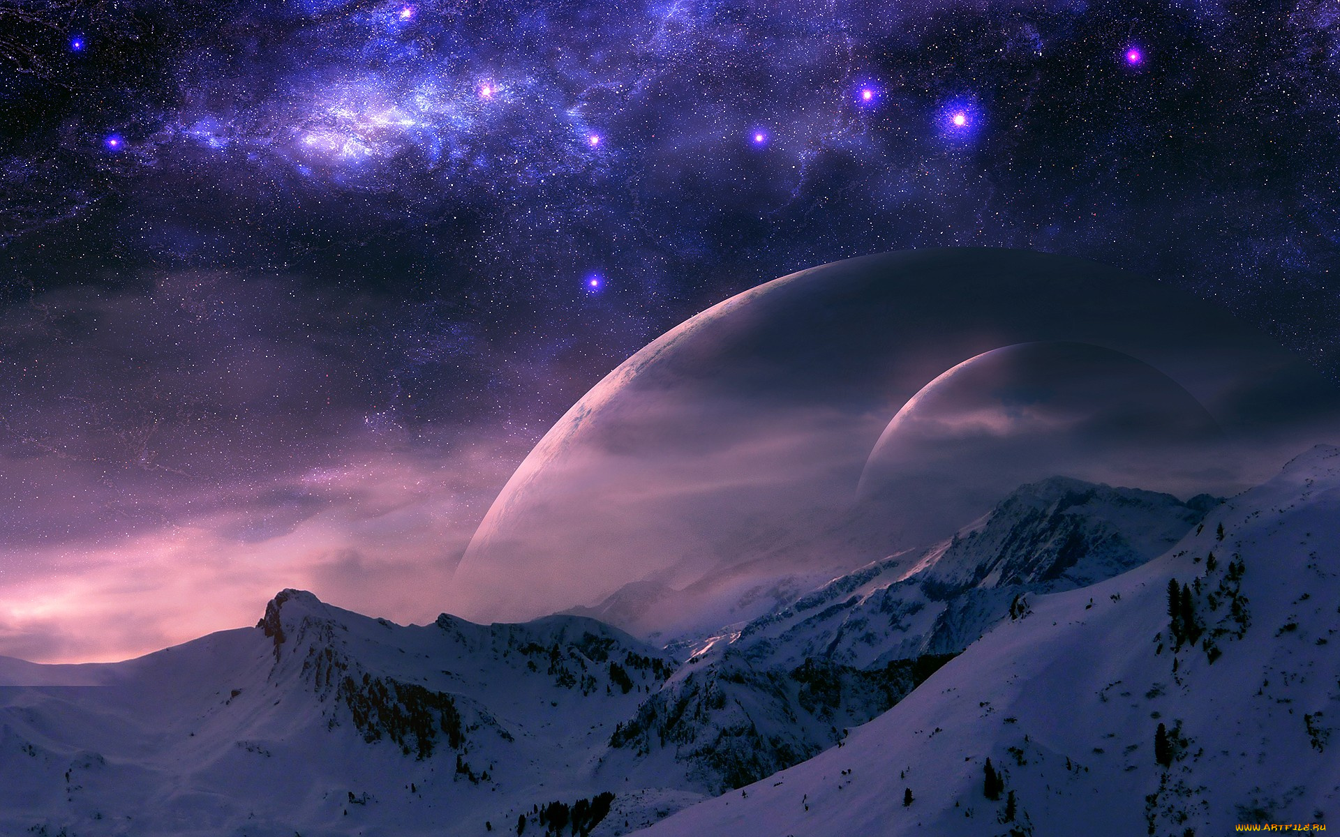 разное, компьютерный, дизайн, планеты, облака, горы