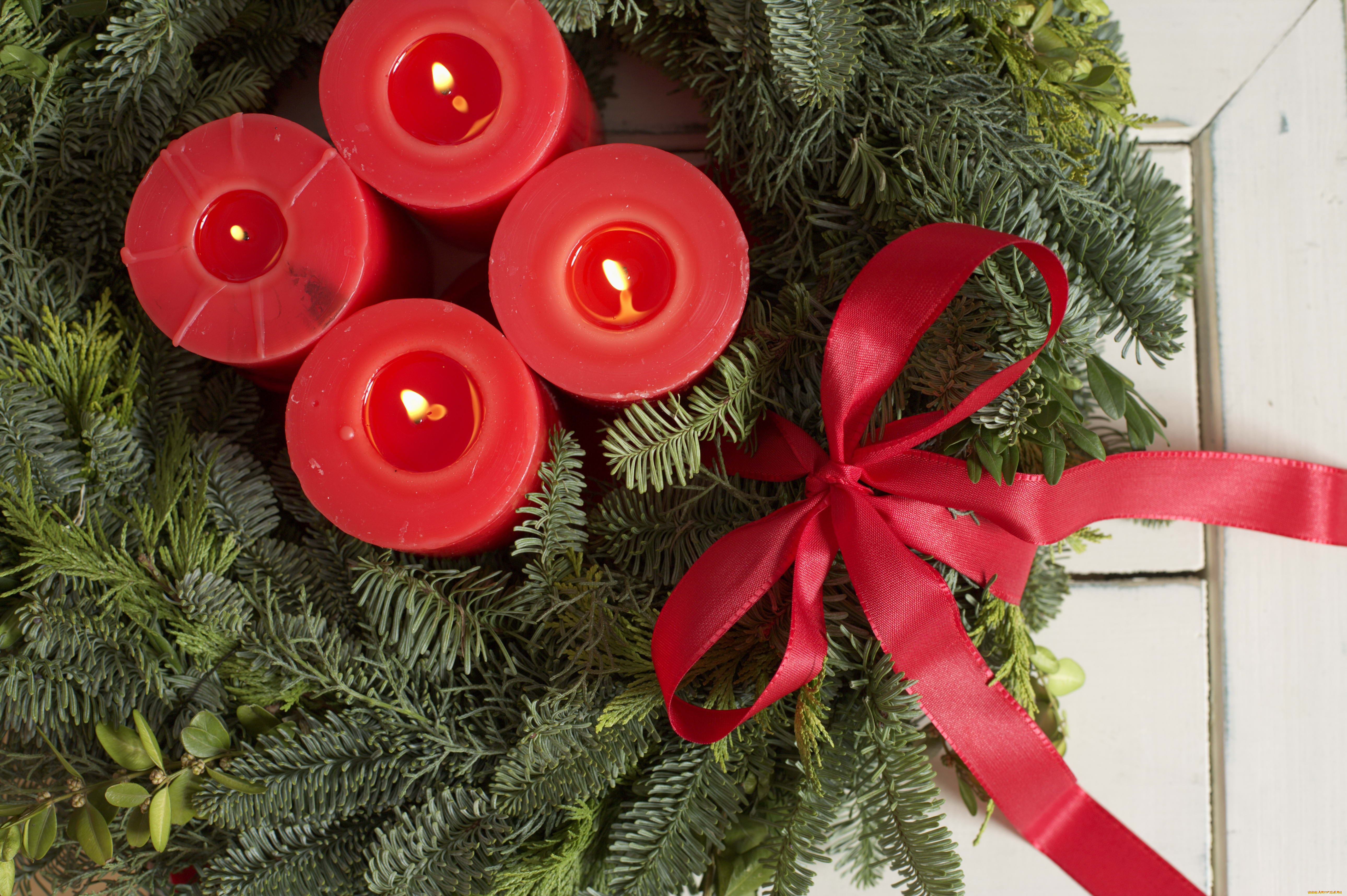 праздничные, новогодние, свечи, красный, бант, еловый, венок, лента