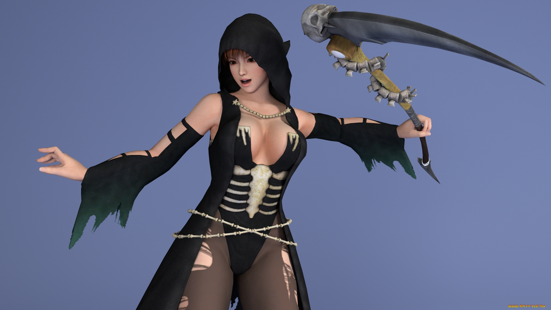 3д, графика, аниме, , anime, череп, фон, взгляд, девушка, оружие