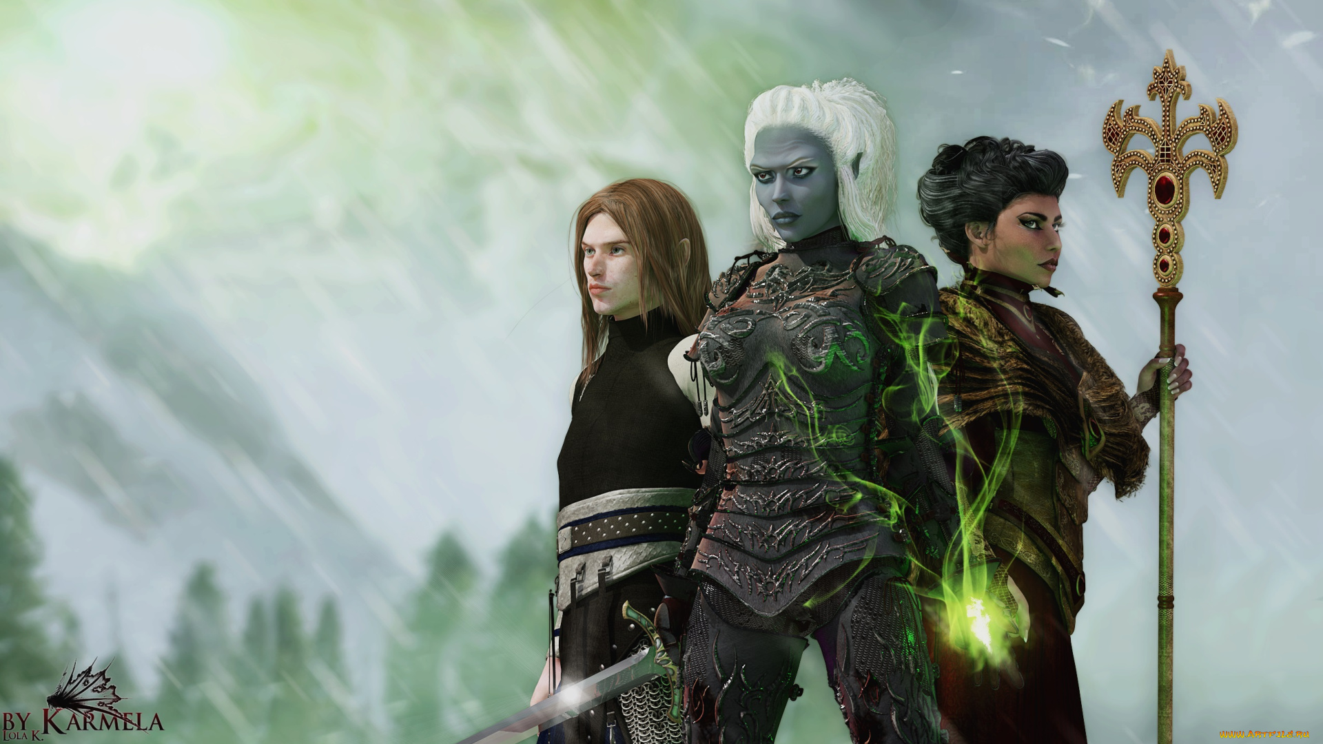 3д, графика, эльфы, , elves, девушки, взгляд, эльфы, шест, небо