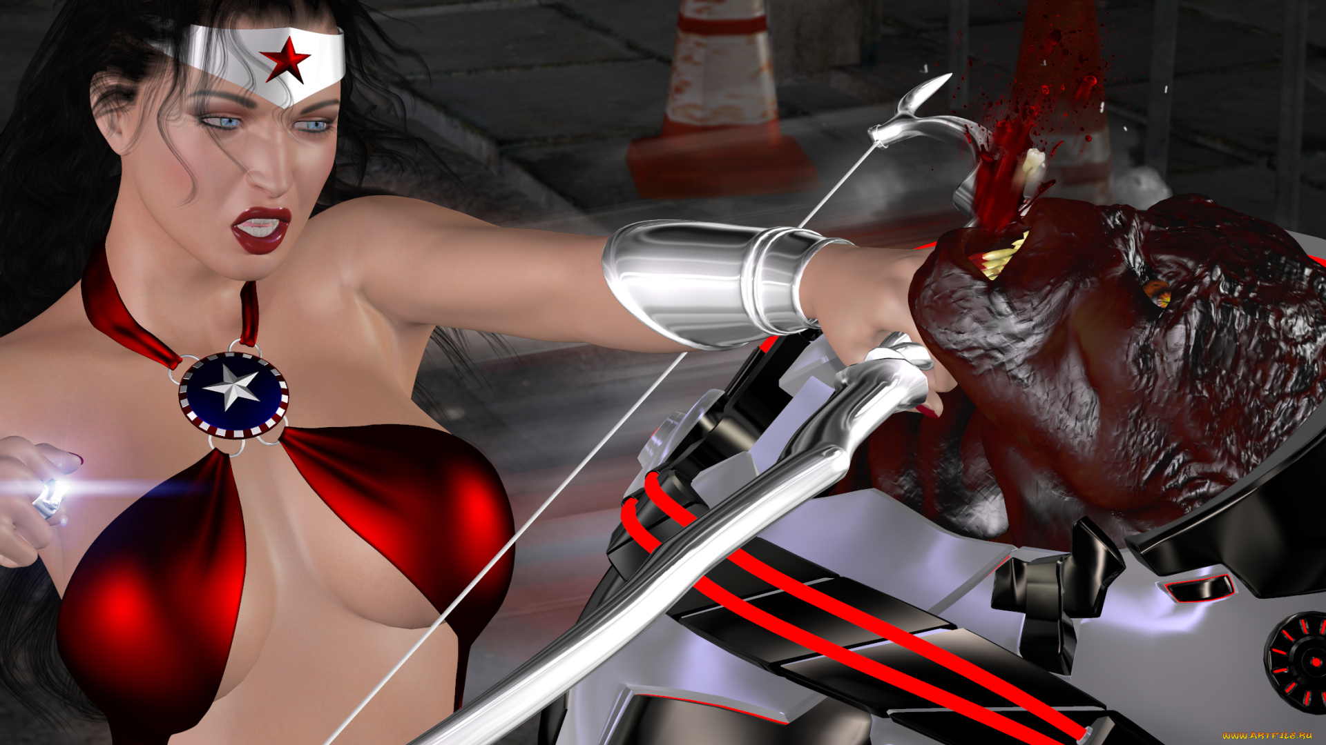 3д, графика, фантазия, , fantasy, девушка, существо, драка, оружие, фон, взгляд