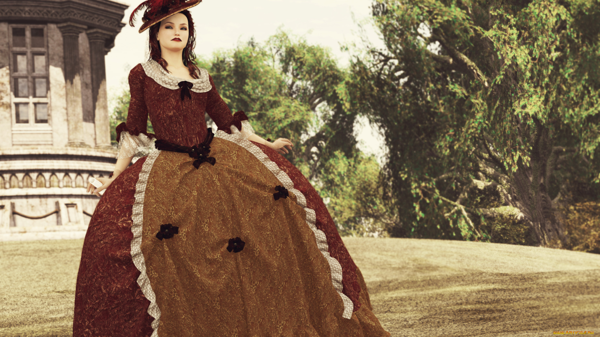 3д, графика, люди, , people, девушка, платье, шляпа, фон, взгляд