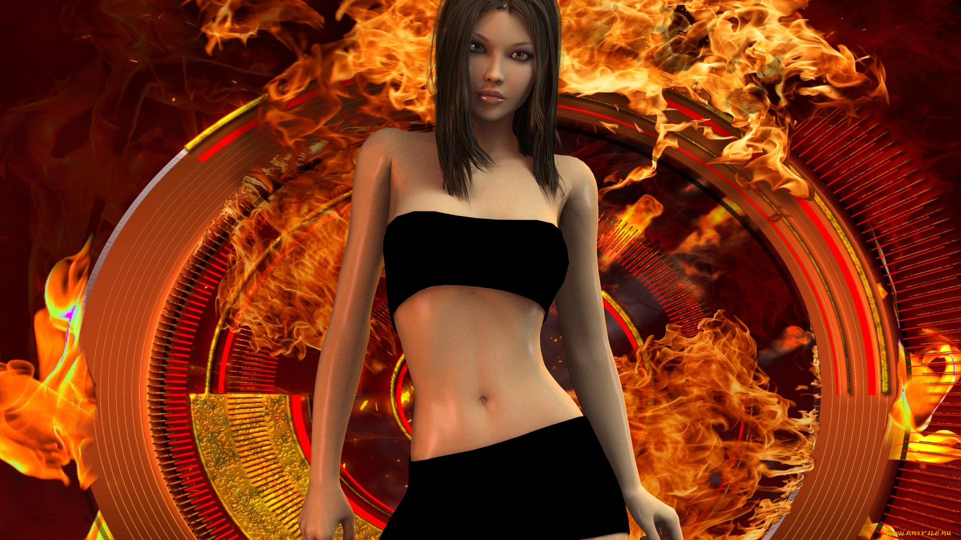 3д, графика, люди, , people, девушка, взгляд, фон, колесо, огонь
