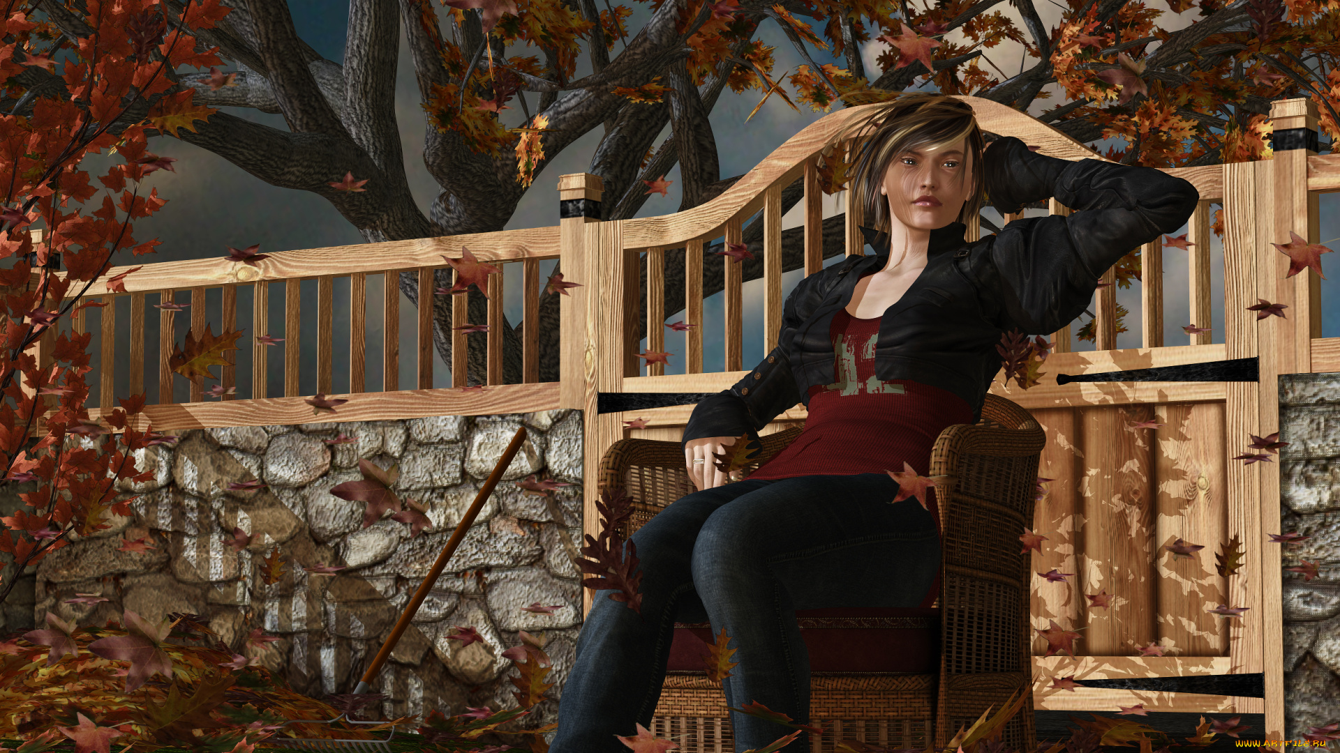 3д, графика, люди, , people, осень, листья, забор, дерево, стул, взгляд, девушки