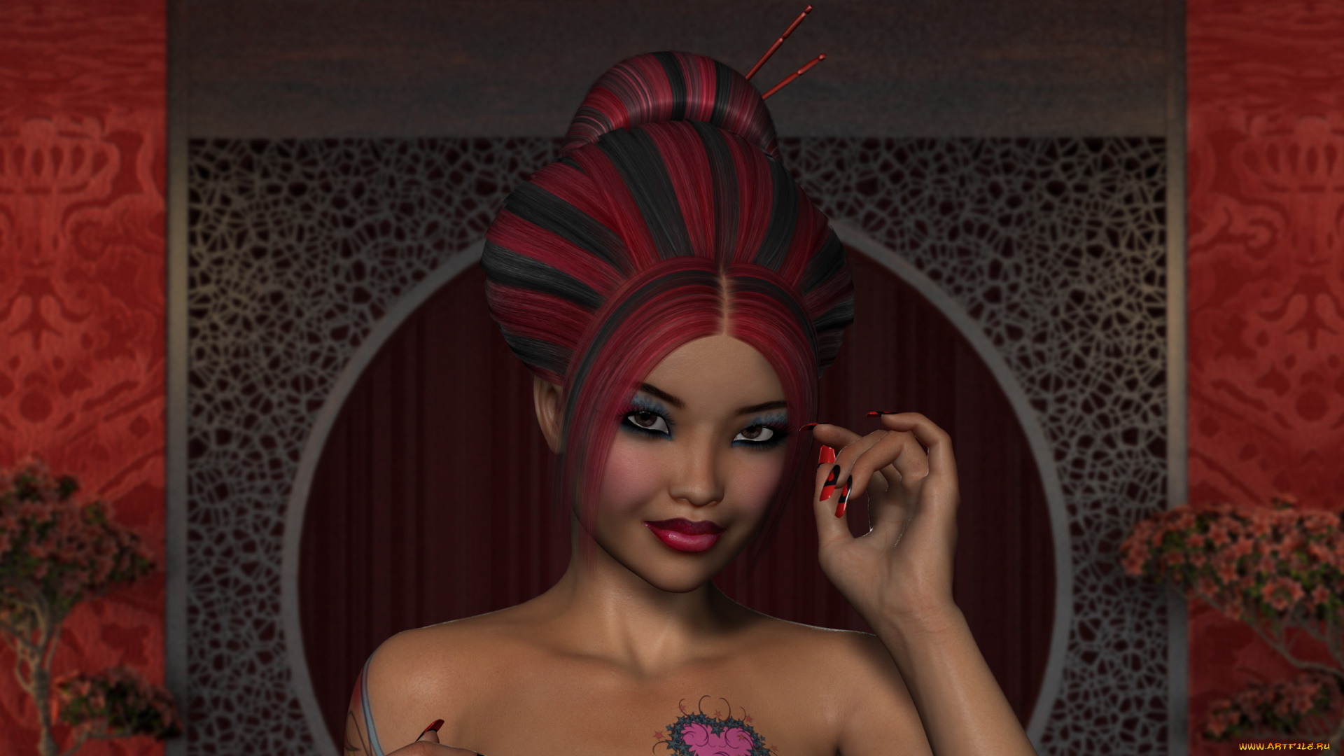 3д, графика, портрет, , portraits, девушка, взгляд, фон, улыбка, рыжая, тату