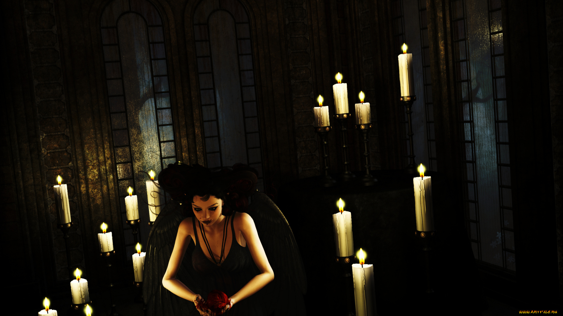 3д, графика, существа, , creatures, сердце, кров, вампир, свечи, девушка, взгляд, фон