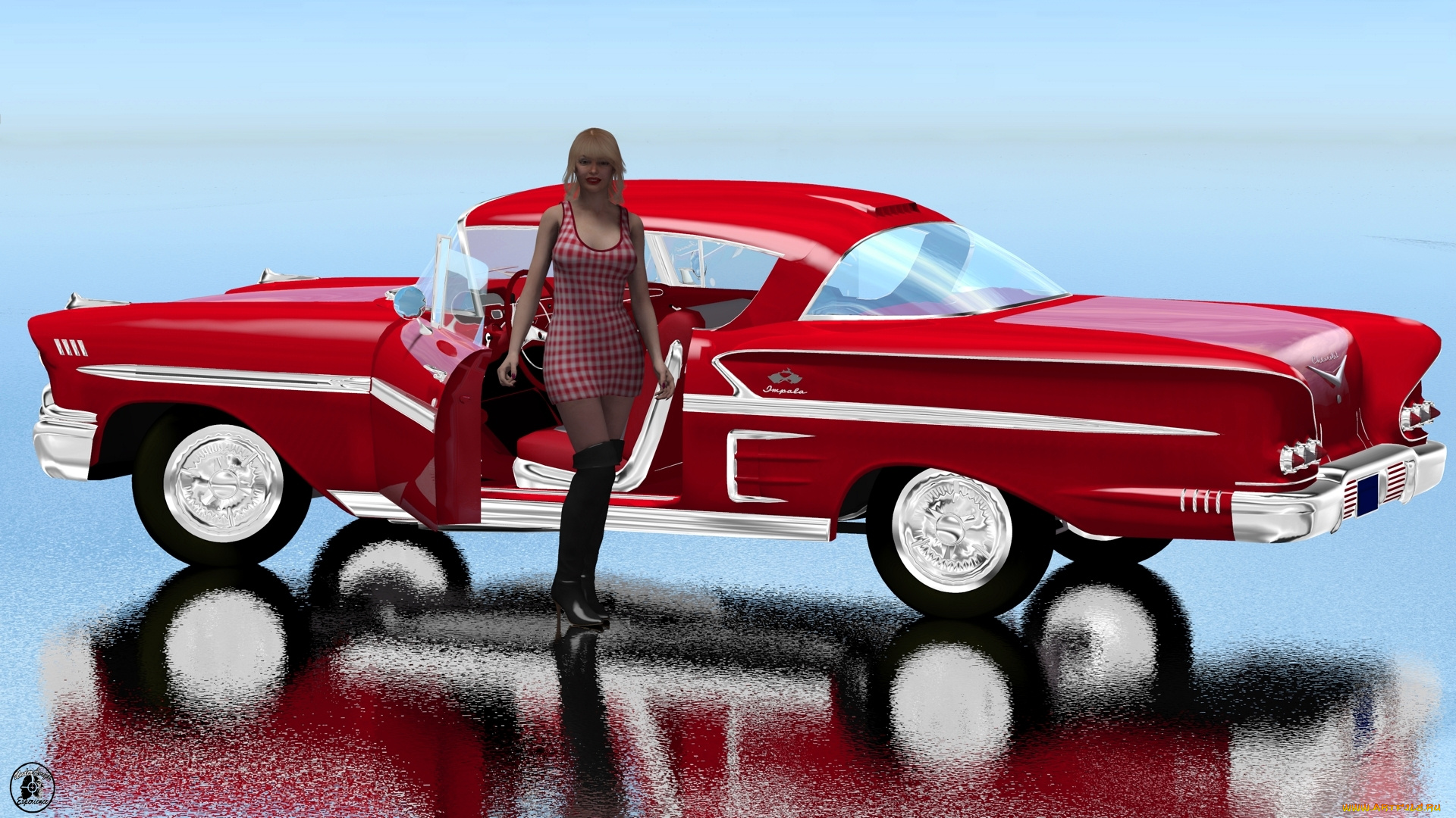 автомобили, 3d, car&girl, автомобиль, девушка, взгляд, фон
