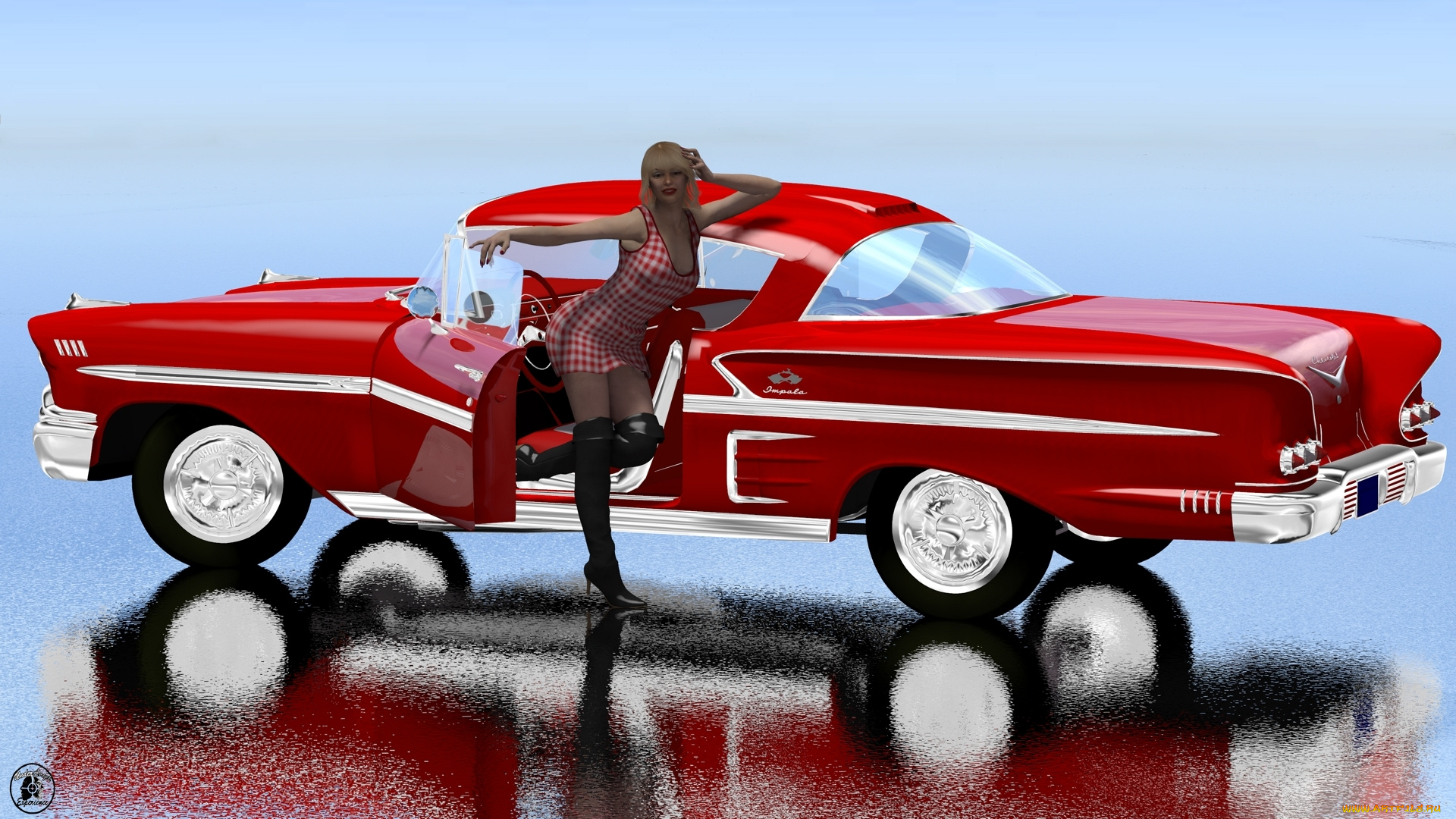 автомобили, 3d, car&girl, автомобиль, фон, взгляд, девушка