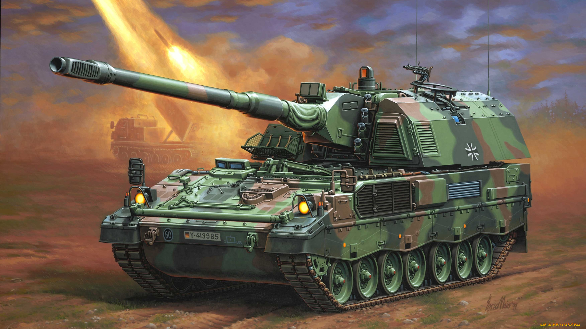 техника, военная, техника, германия, самоходная, артиллерийская, установка, бронированная, гаубица, panzerhaubitze, 2000, бундесвер, рисунок, enzo, maio, pzh, сау