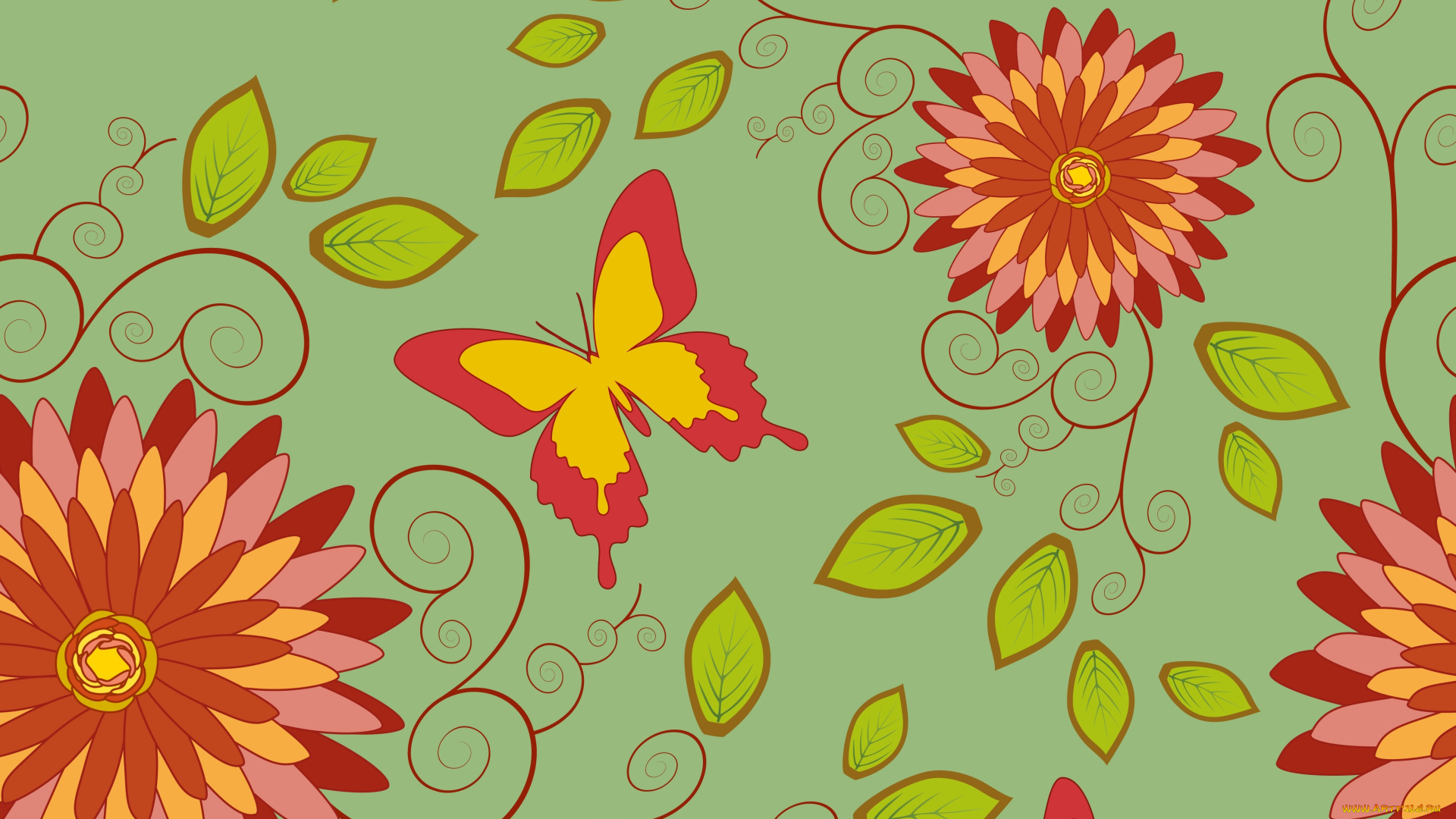 векторная, графика, цветы, лепестки, листья, фон, цветочки, бабочки