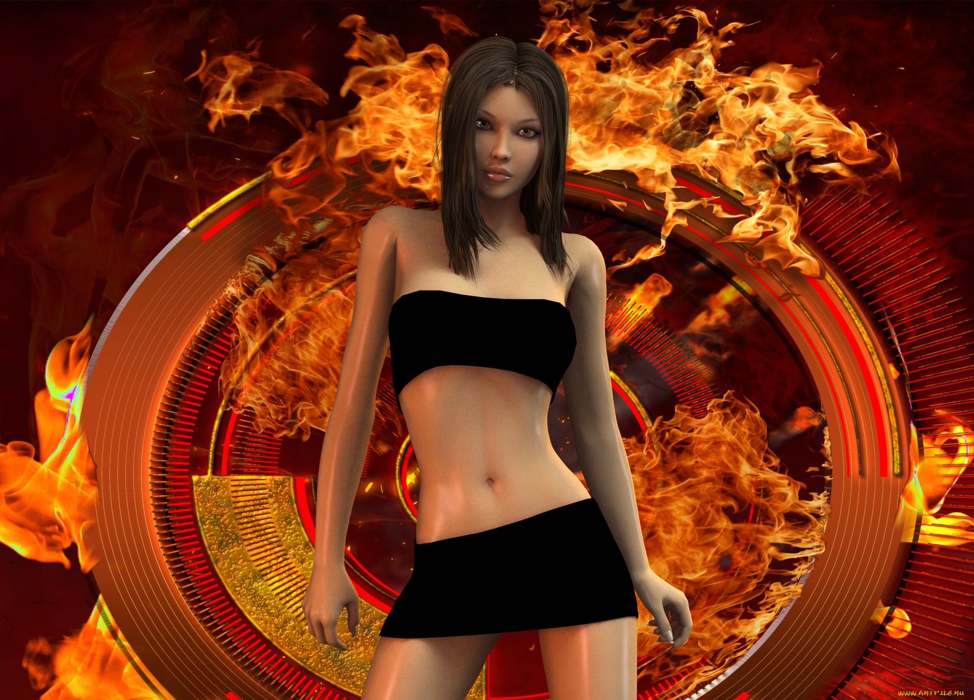 3д, графика, люди, , people, девушка, взгляд, фон, колесо, огонь