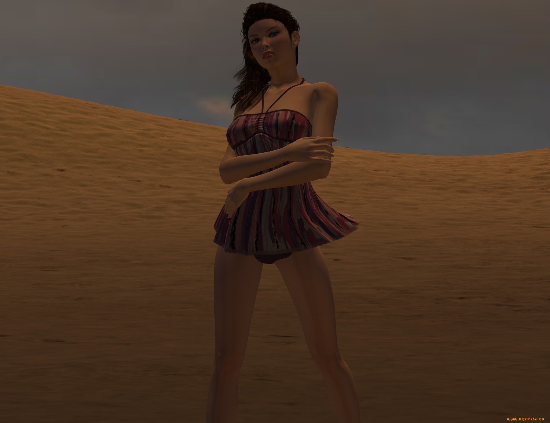 3д, графика, люди, , people, девушка, взгляд, фон, пустыня, вечер