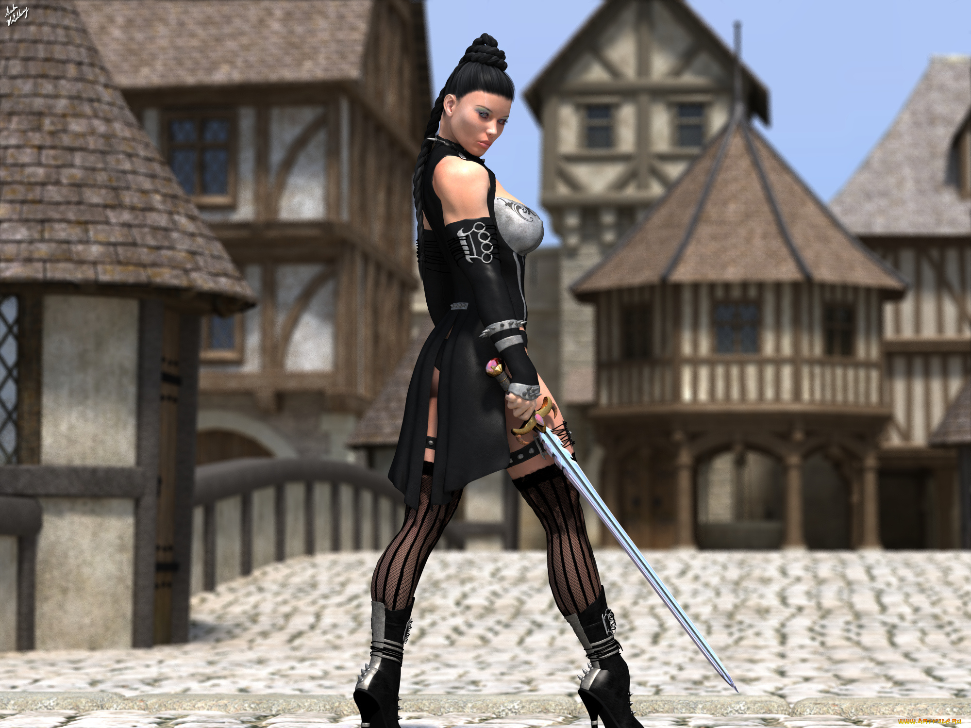 3д, графика, люди, , people, улица, меч, фон, дома, взгляд, девушка