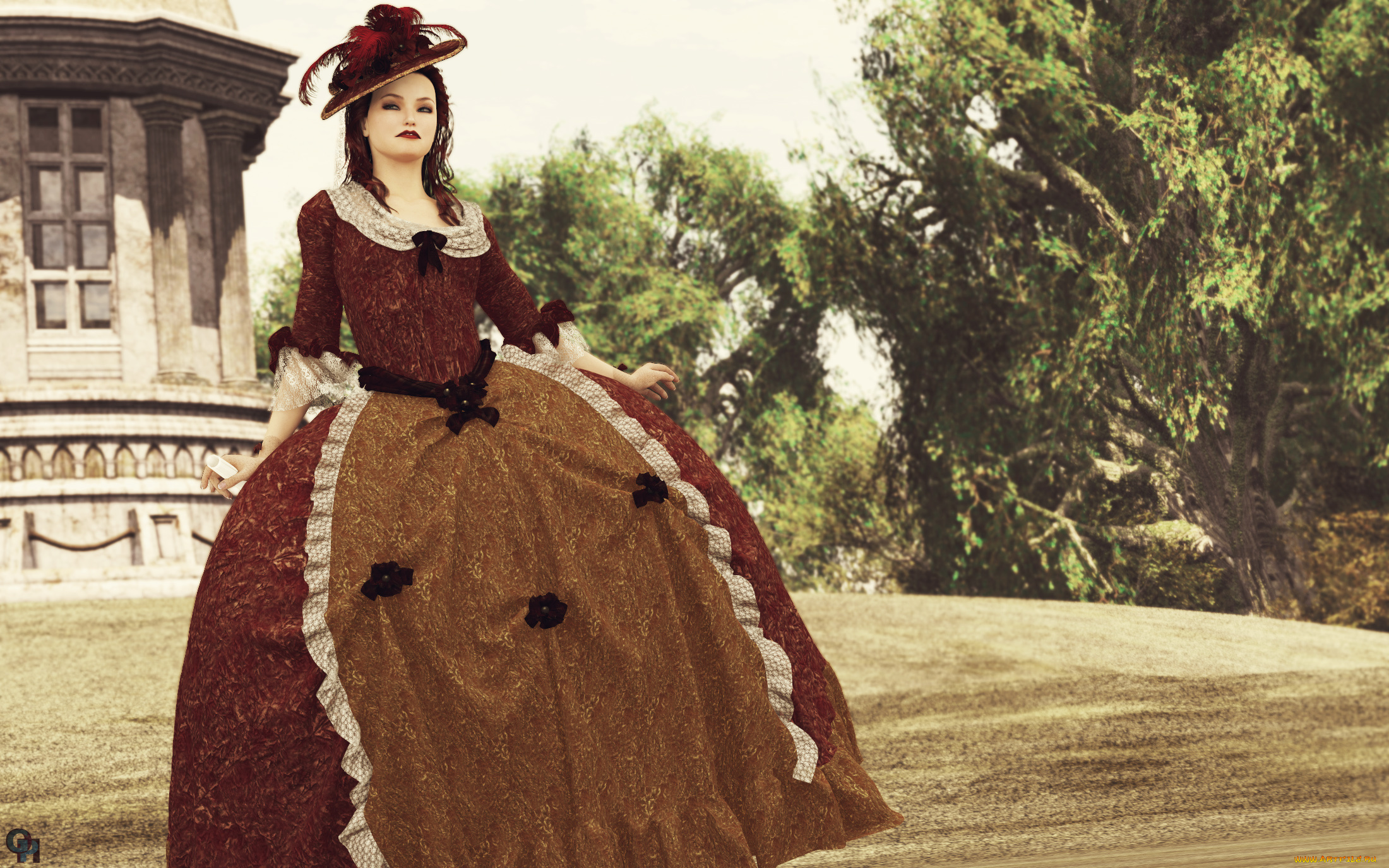 3д, графика, люди, , people, девушка, платье, шляпа, фон, взгляд